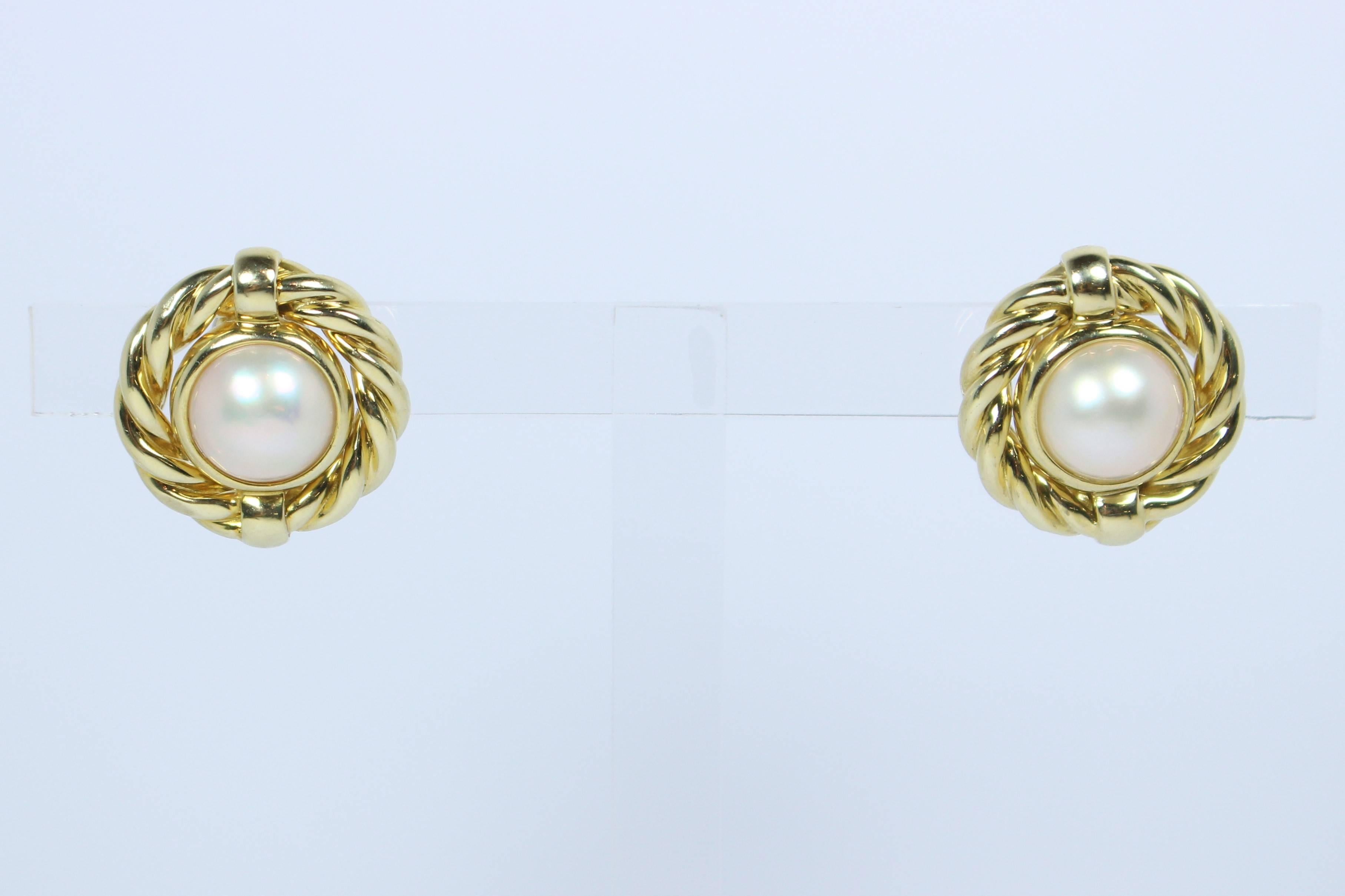 Men's Mabe Pearl Gold Earrings  For Sale