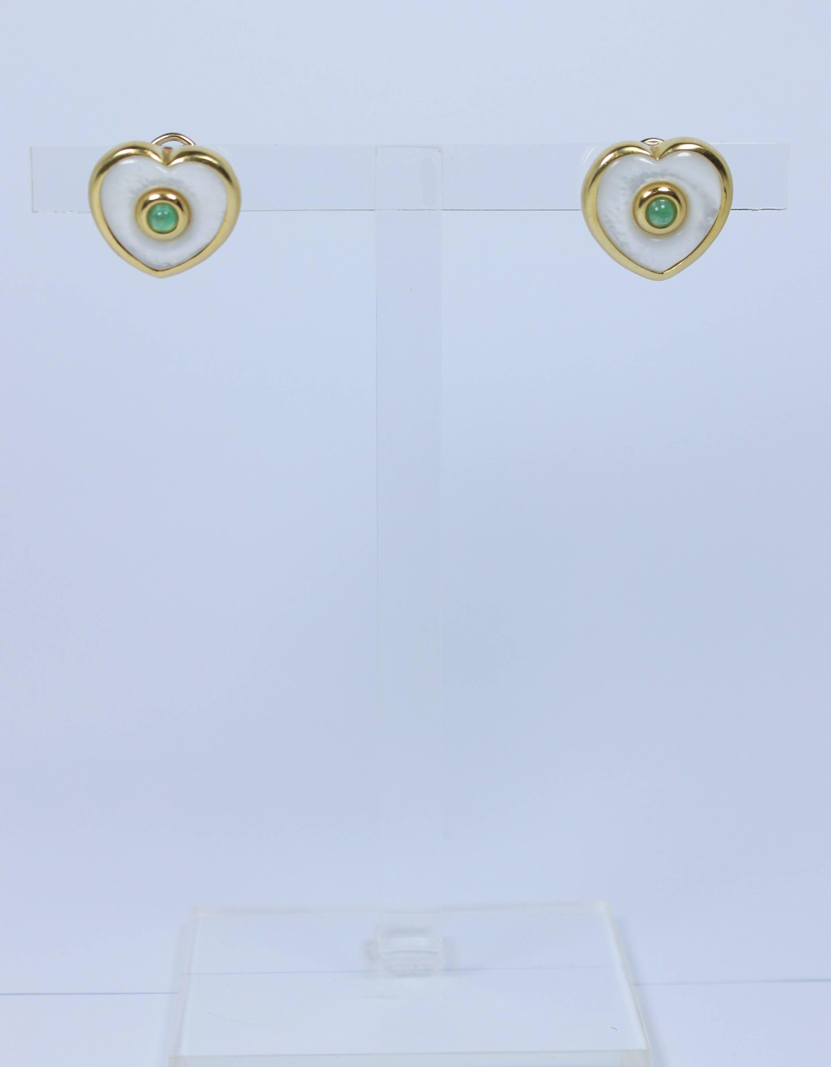 Women's Pearl Cabochon Emerald Gold Earrings  For Sale