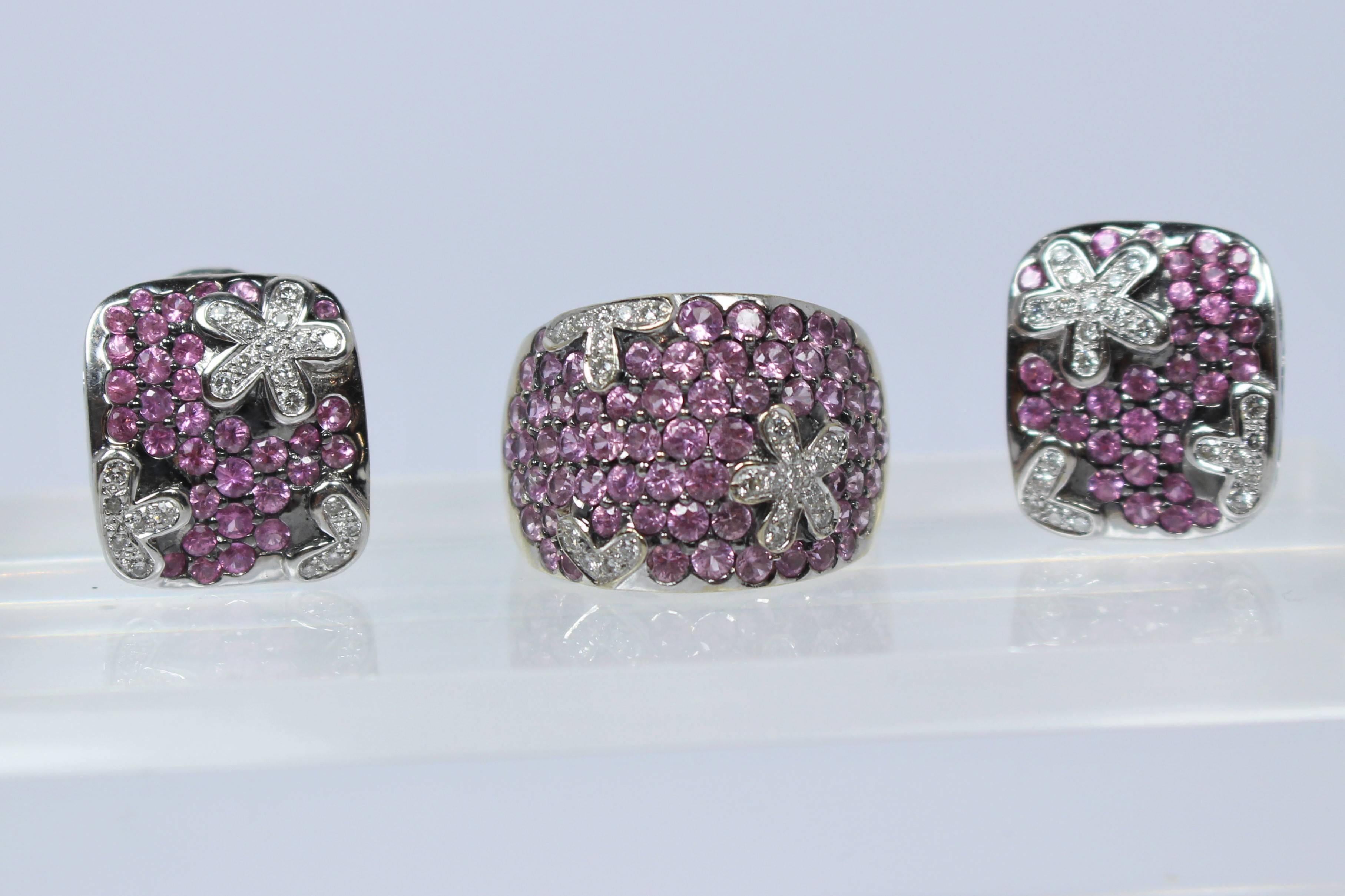 Cristina Ferrare Pave Pink Tourmaline and Diamond Gold Ring and Earring Set In Excellent Condition In Los Angeles, CA