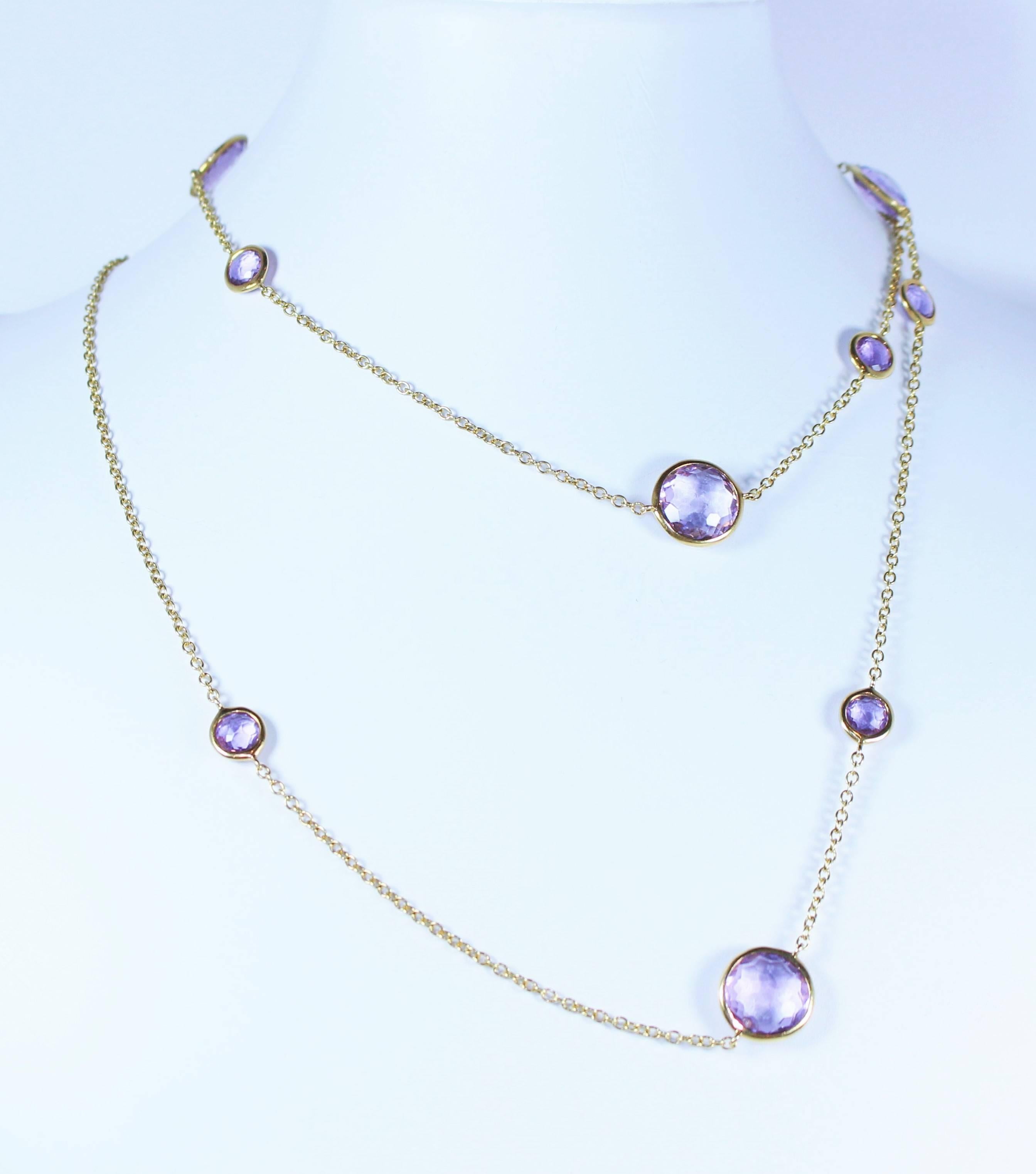 This necklace is composed of 18kt yellow gold with faceted Amethyst stones. Can be worn single or doubled. In excellent condition.

Specs: 
18KT Yellow Gold
Length: 36"