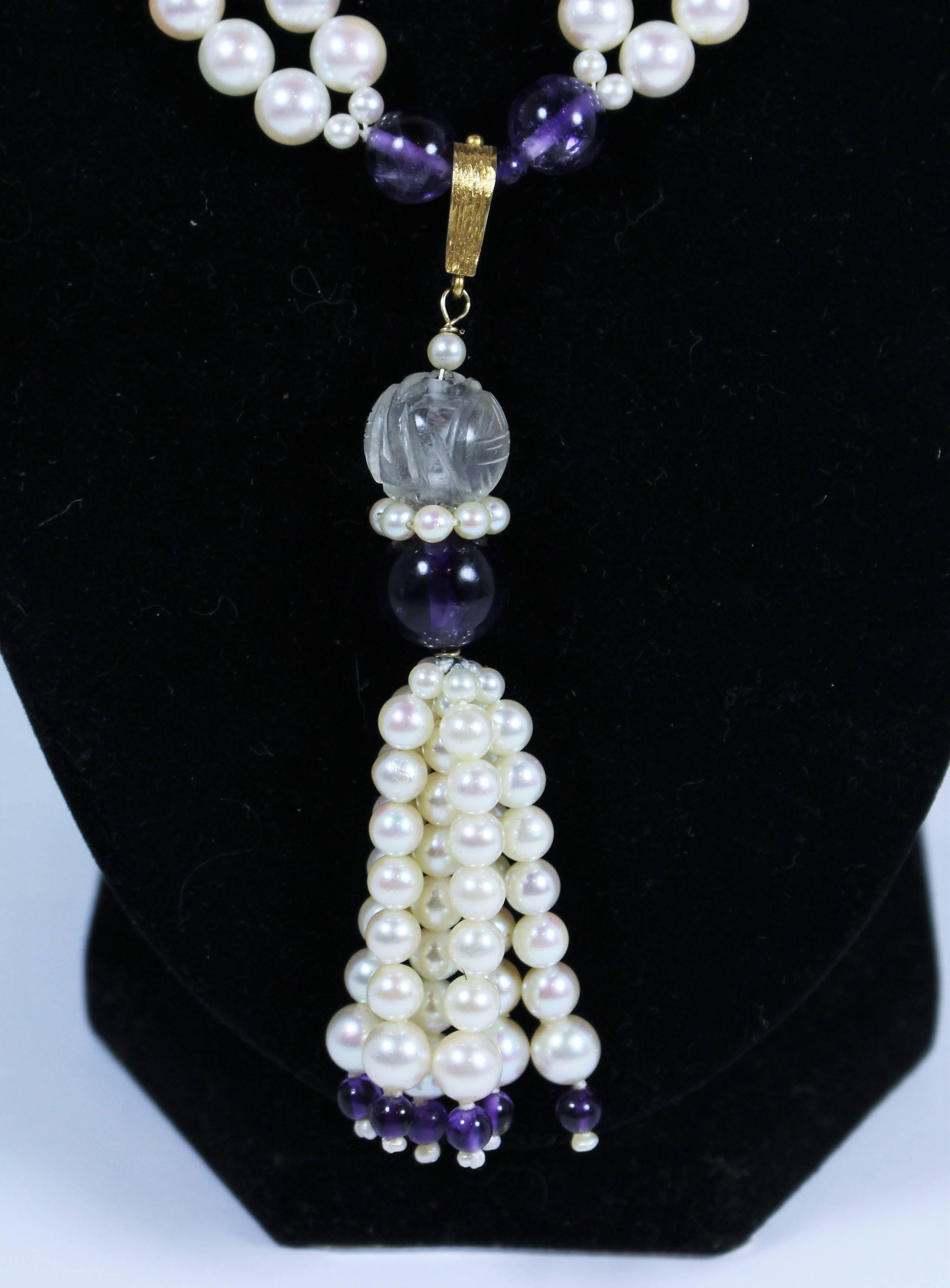 Pearl Cut Crystal Amethyst Gold Tassel and Necklace In Excellent Condition In Los Angeles, CA