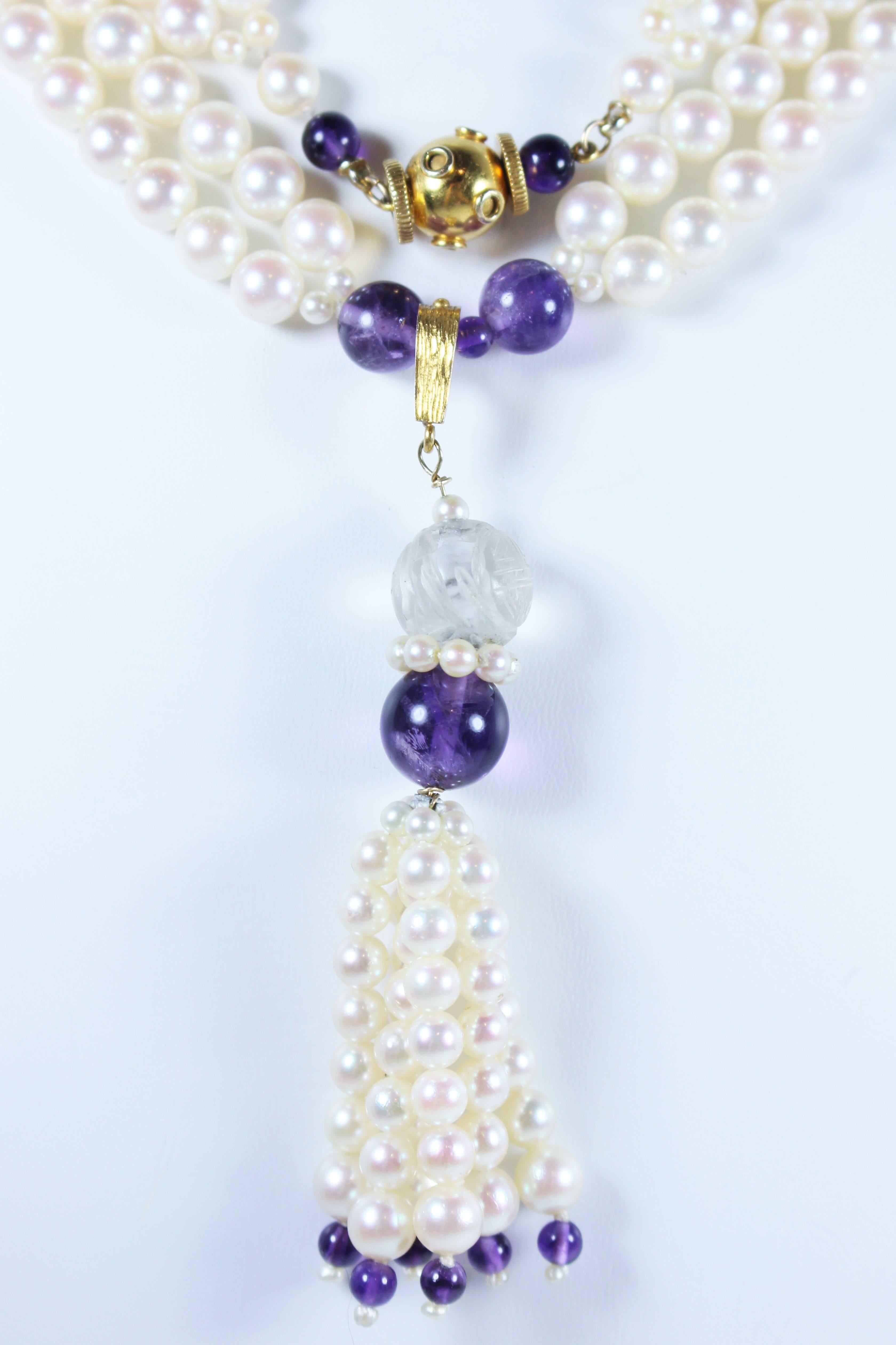 Women's Pearl Cut Crystal Amethyst Gold Tassel and Necklace