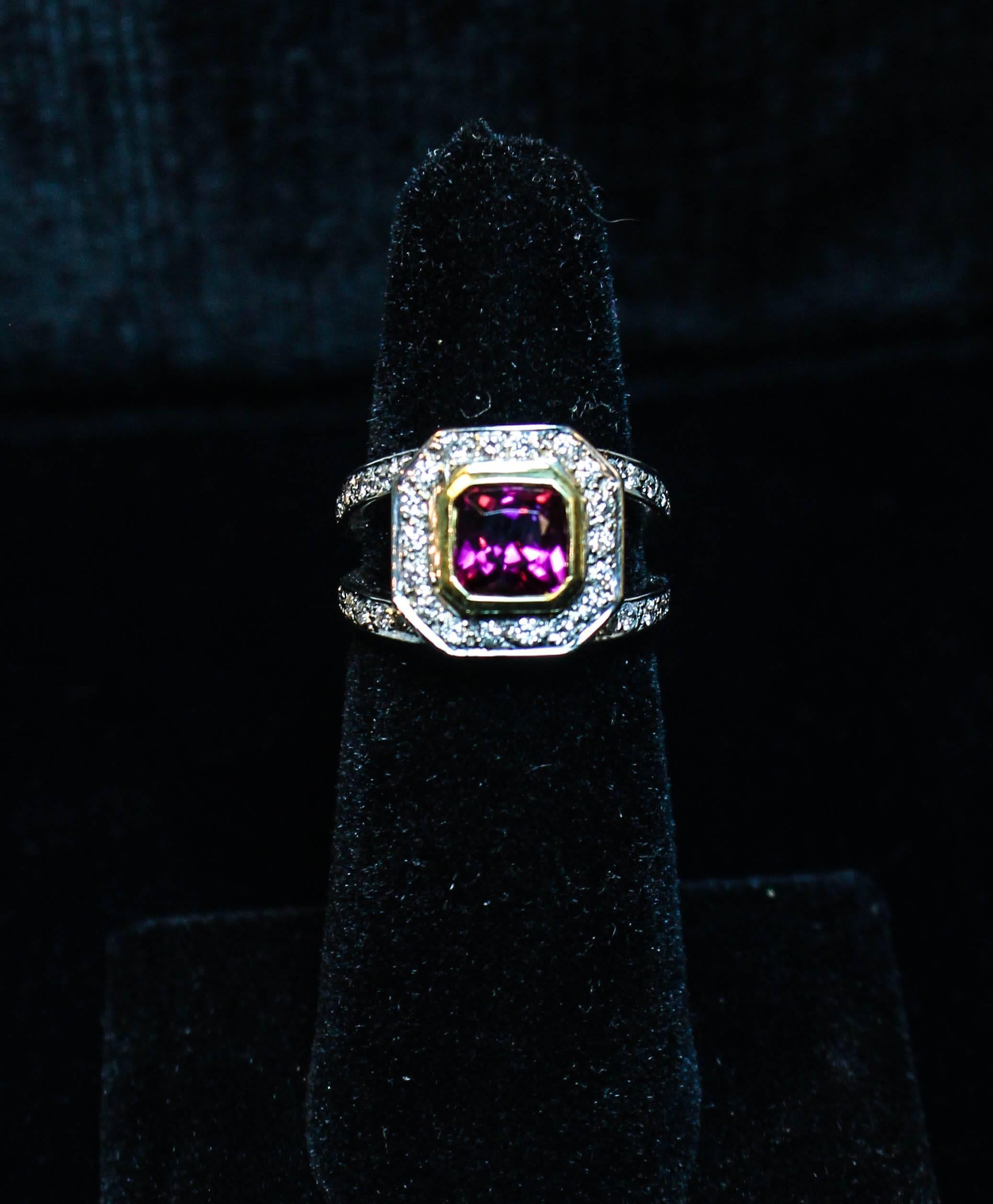 Round Cut Rubelite and Pave Diamond Cocktail Ring For Sale