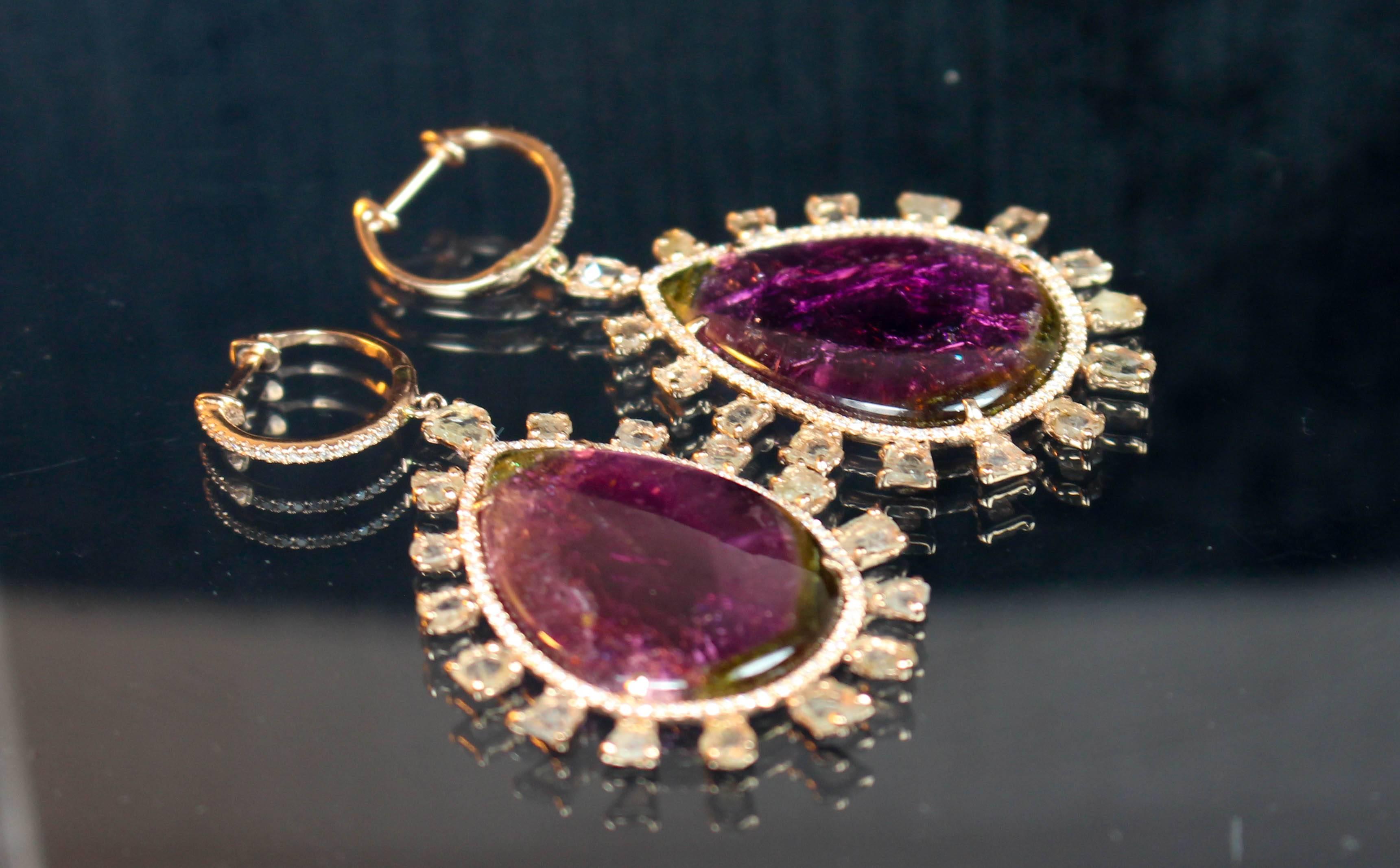 Women's or Men's Sliced Tourmaline Pave Diamond Rose Gold Dangle Earrings For Sale