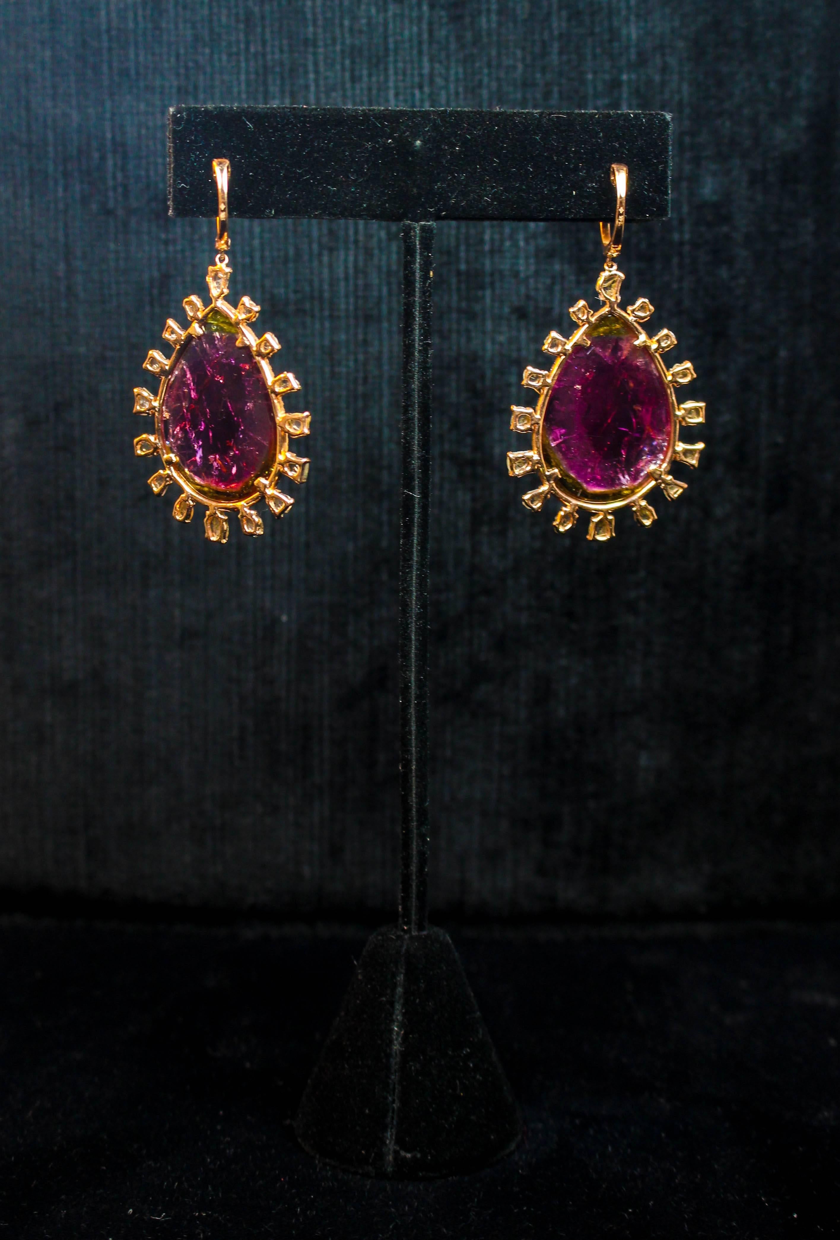 Sliced Tourmaline Pave Diamond Rose Gold Dangle Earrings For Sale 1