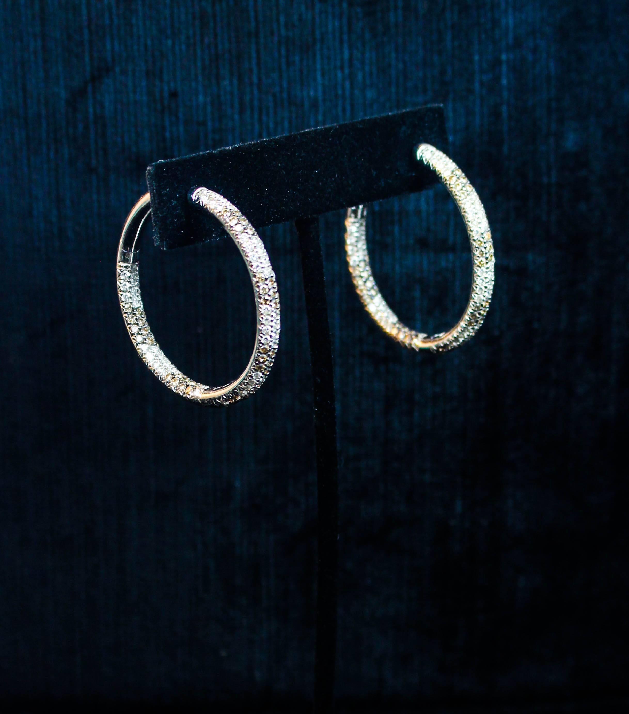 Christina Ferrare White and Chocolate Pave Diamond Hoop Earrings In Excellent Condition In Los Angeles, CA
