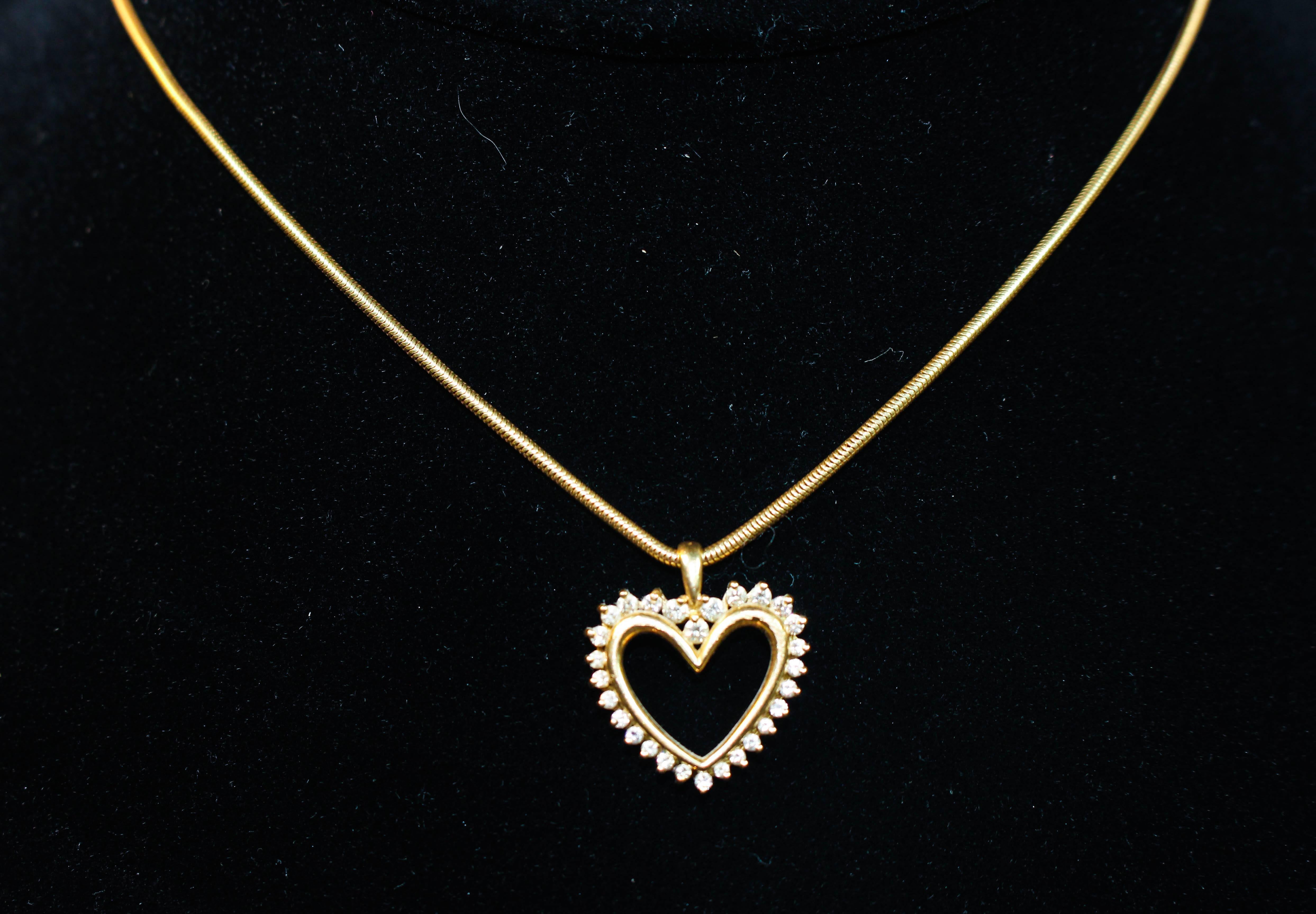 Yellow Gold and Diamond Heart Necklace In Excellent Condition In Los Angeles, CA