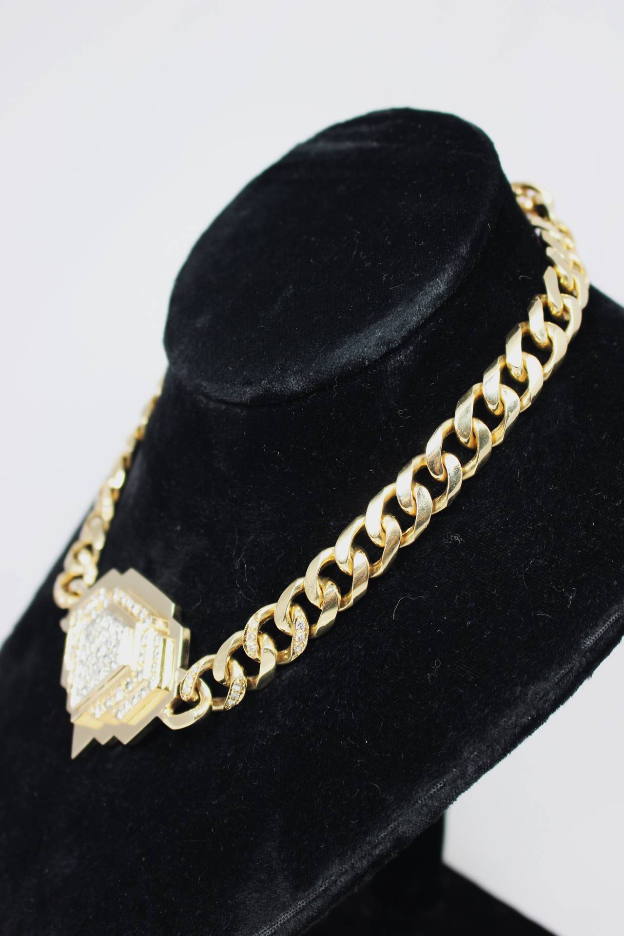 Women's Diamond Gold Motif Link Necklace For Sale