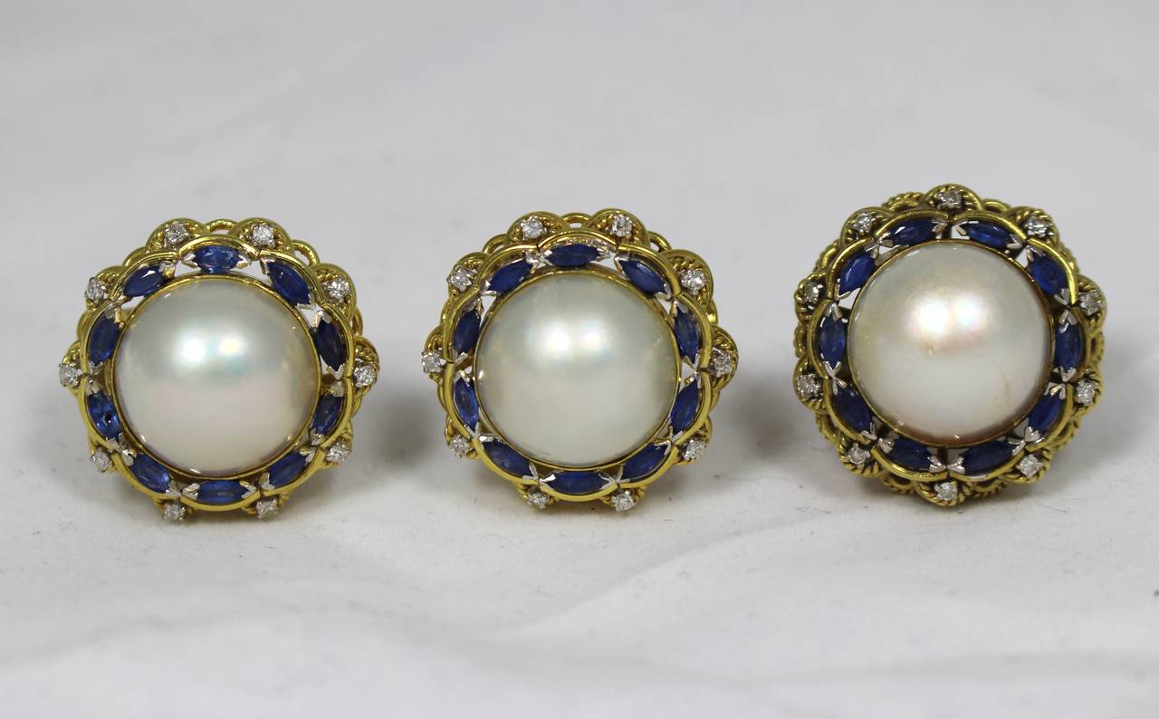 Mabe Pearl Sapphire Diamond Gold Earring and Ring Set In Excellent Condition For Sale In Los Angeles, CA
