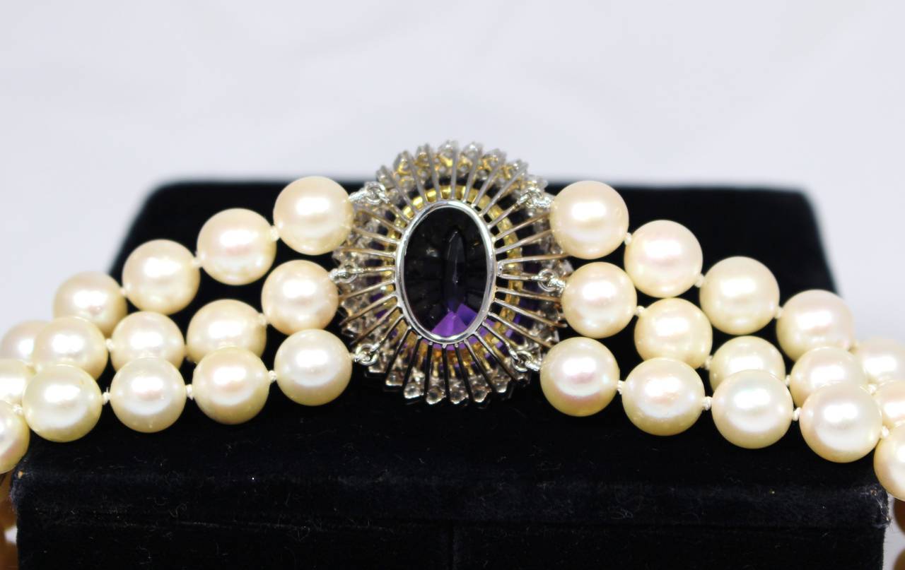 Amethyst Diamond Triple Strand Pearl Necklace 2