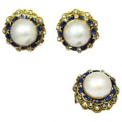 Mabe Pearl Sapphire Diamond Gold Earring and Ring Set