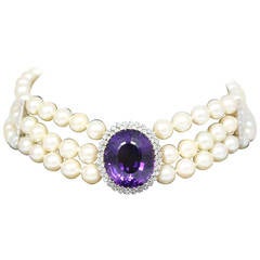 Vintage Amethyst Diamond Triple Strand Pearl Necklace