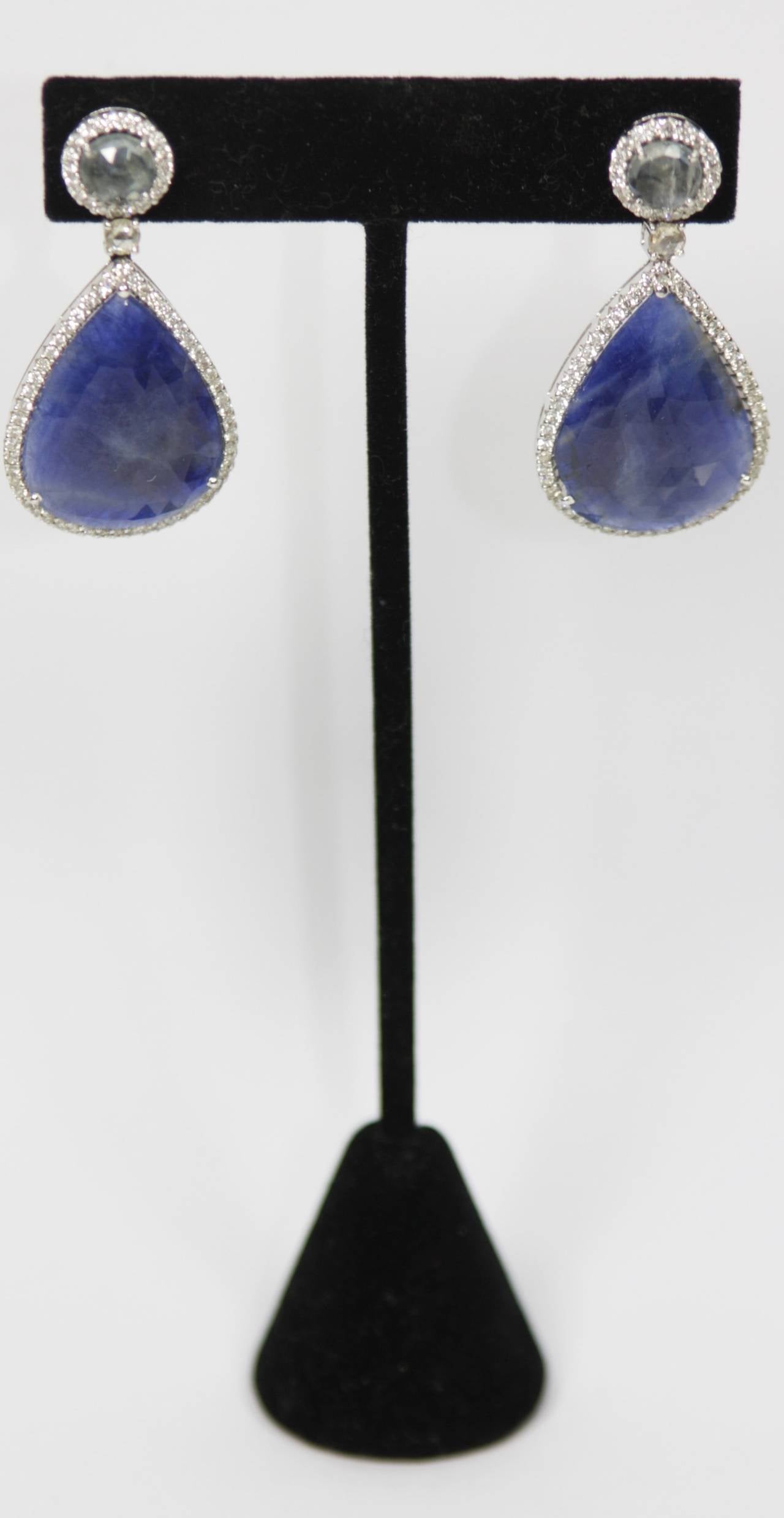 Sapphire Diamond Gold Drop Earrings In Excellent Condition In Los Angeles, CA