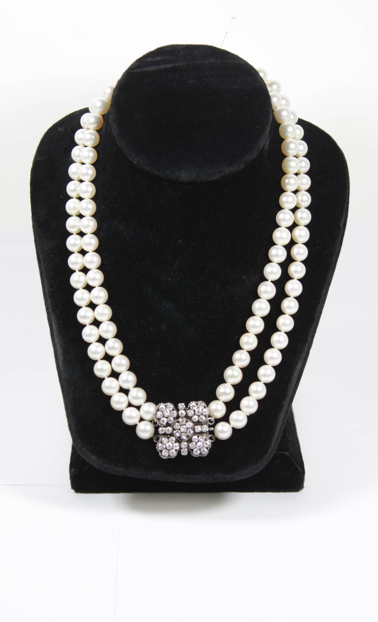 Akoya Cultured Pearl Long Double Strand Necklace with Diamond Clasp In Excellent Condition In Los Angeles, CA