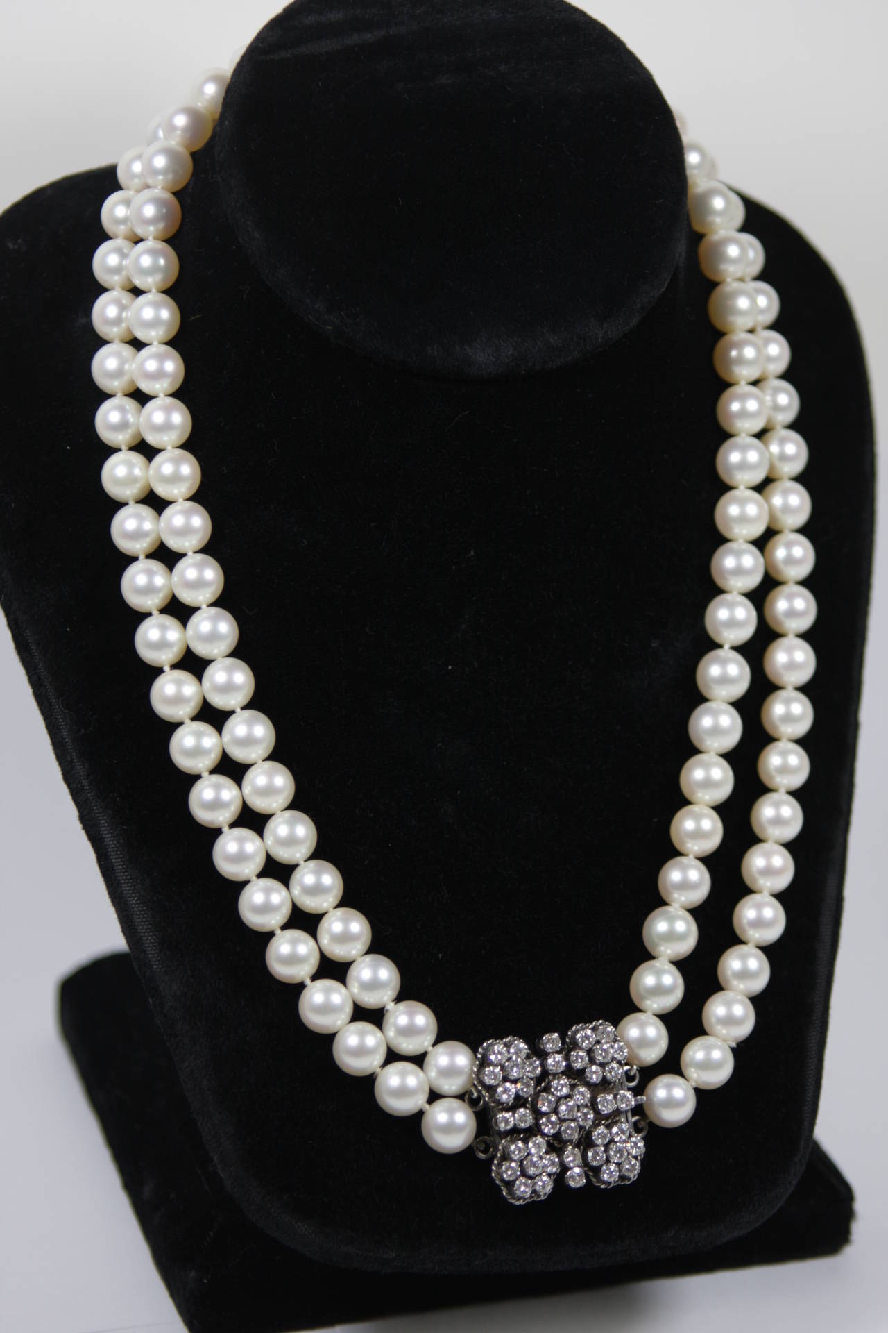 Women's Akoya Cultured Pearl Long Double Strand Necklace with Diamond Clasp