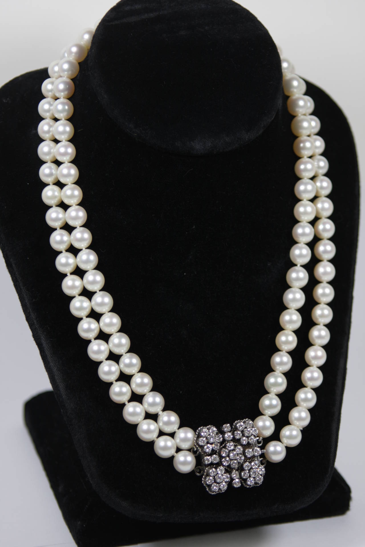 Akoya Cultured Pearl Long Double Strand Necklace with Diamond Clasp at