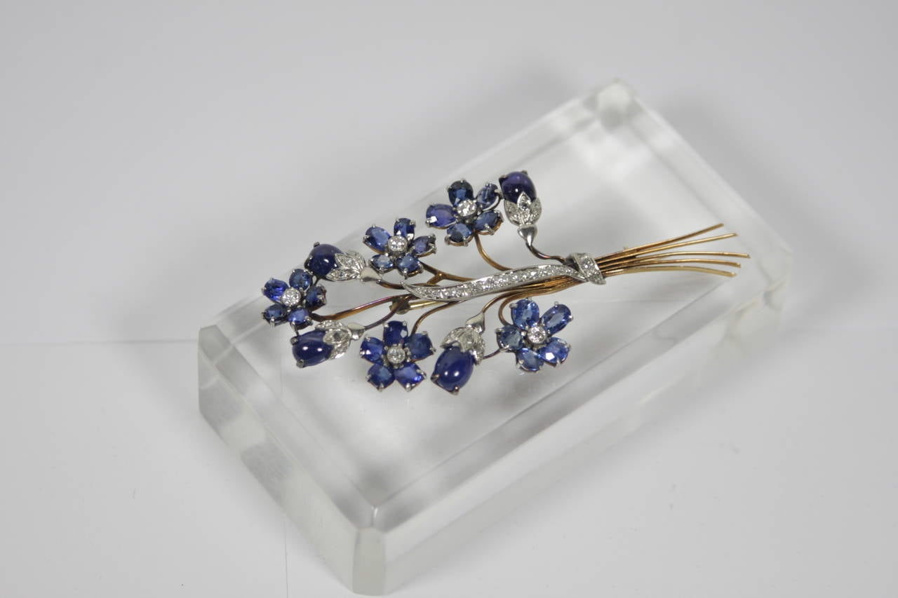 1940s Sapphire Diamond Gold Platinum Floral Brooch 1