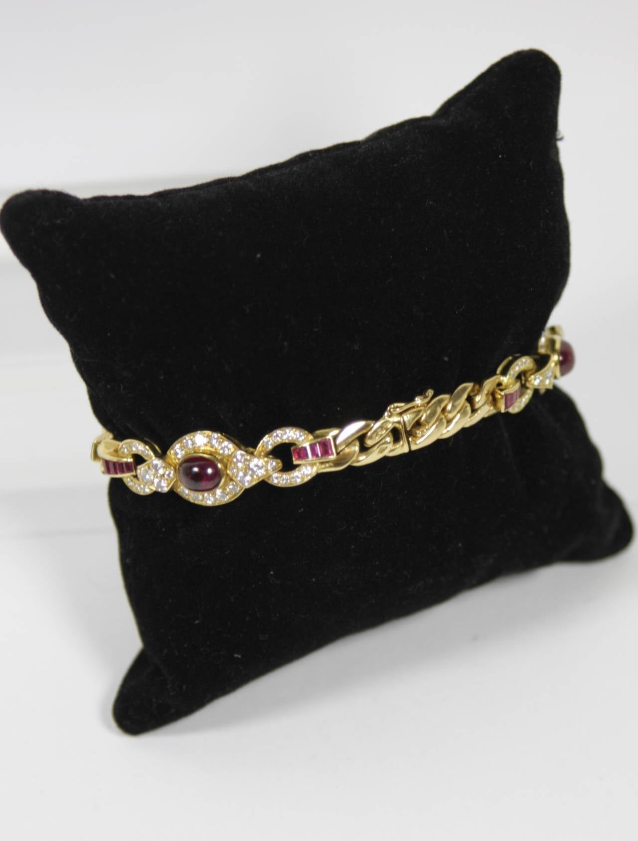 Cabochon and Calibre Cut Ruby Diamond Gold Bracelet For Sale 1