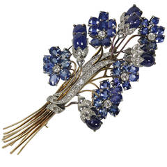 1940s Sapphire Diamond Gold Platinum Floral Brooch