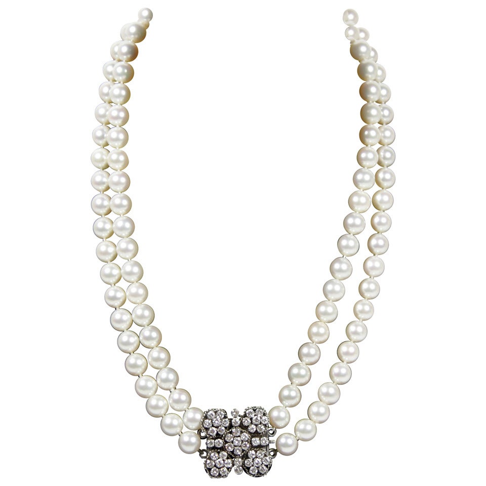 Akoya Cultured Pearl Long Double Strand Necklace with Diamond Clasp