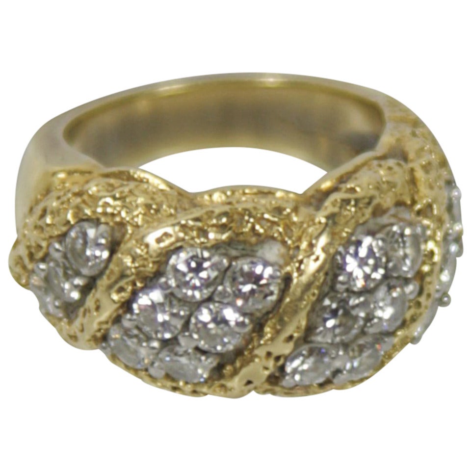 Brilliant Cut Diamond Textured Gold Ring For Sale