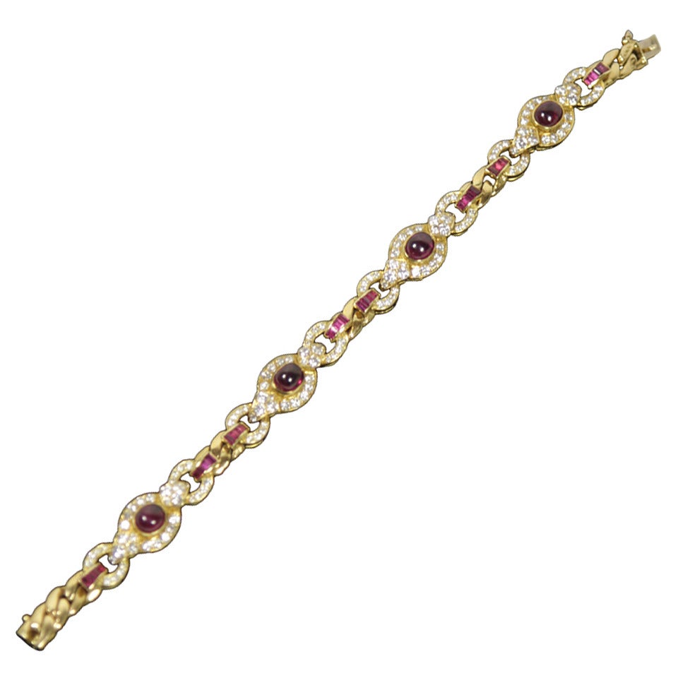 Cabochon and Calibre Cut Ruby Diamond Gold Bracelet For Sale