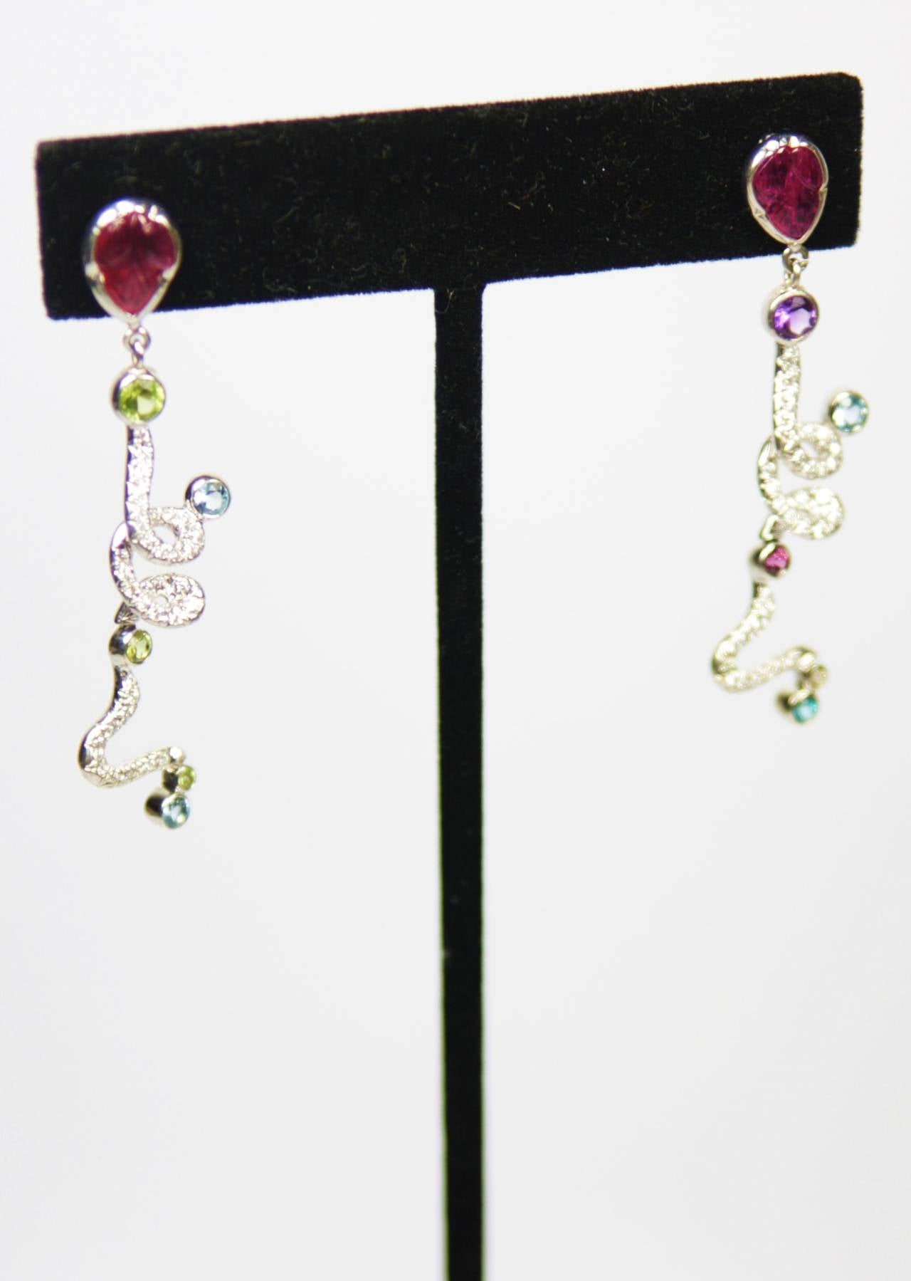 Multi Gemstone Ruby Diamond Gold Dangle Earrings For Sale 2