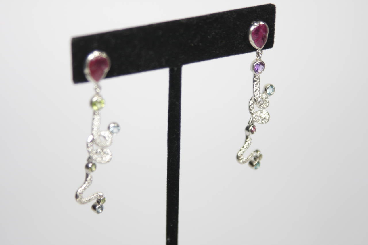 Multi Gemstone Ruby Diamond Gold Dangle Earrings For Sale 3