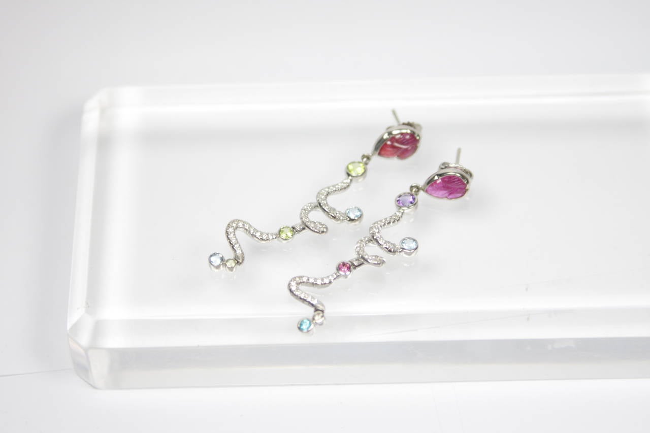 Multi Gemstone Ruby Diamond Gold Dangle Earrings For Sale 6