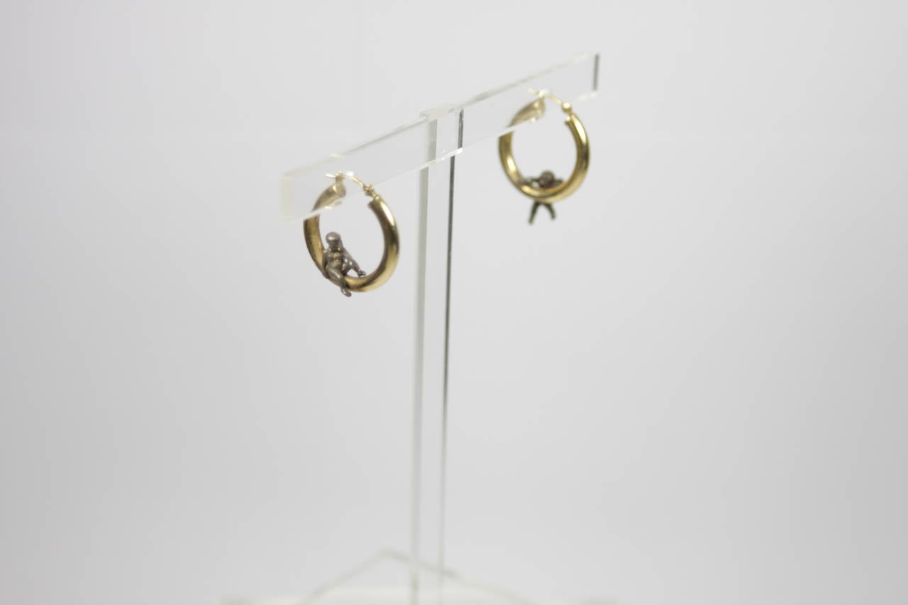 Sterling Silver Climbing Angels on Gold Hoop Earrings In Excellent Condition In Los Angeles, CA
