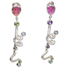 Multi Gemstone Ruby Diamond Gold Dangle Earrings