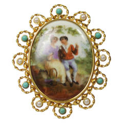 Vintage Ceramic Turquoise Pearl Gold Portraiture Brooch