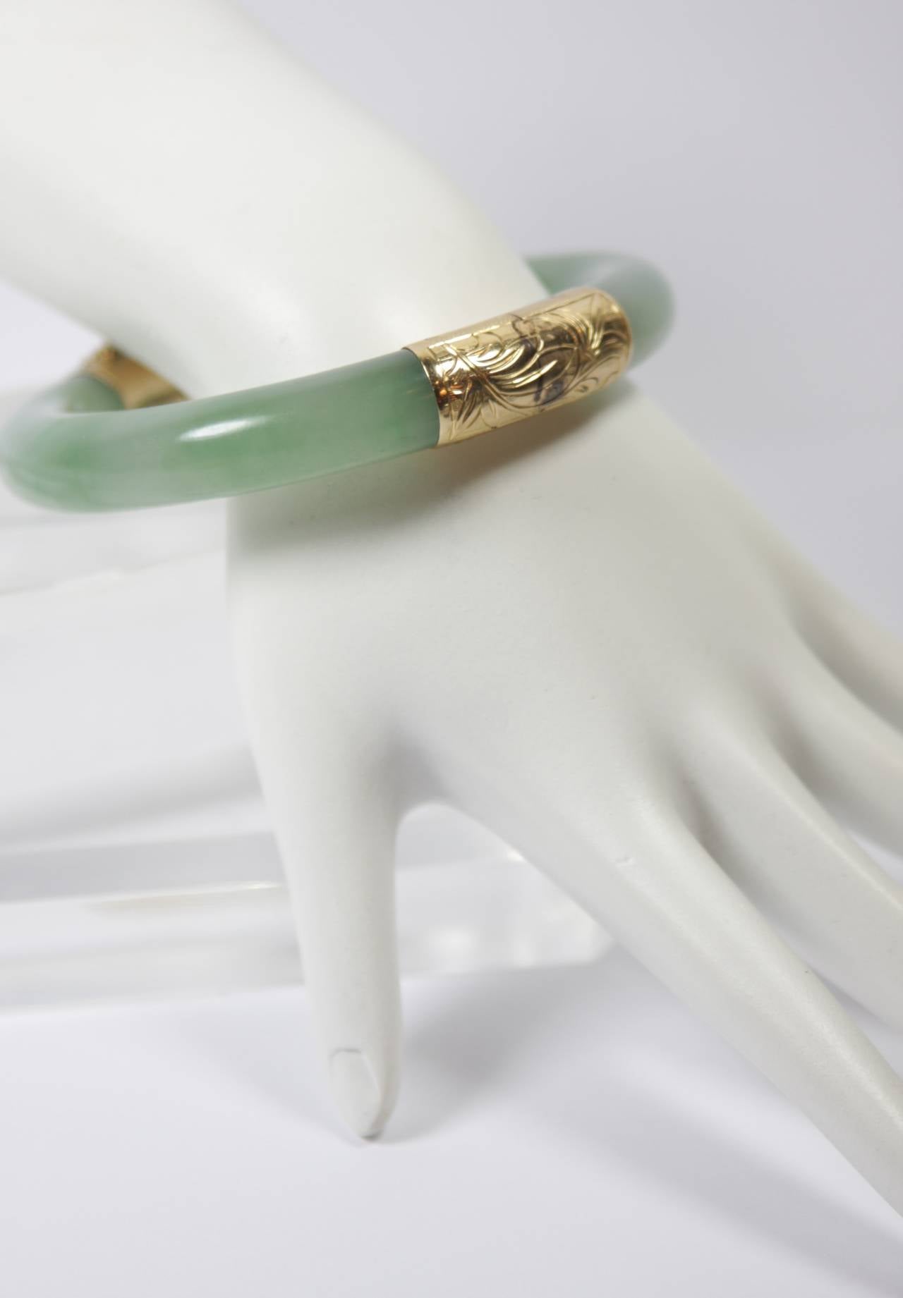 This Jade bracelet with 14kt gold is available through The Paper Bag Princess of Beverly Hills. Please feel free to contact us with any inquiries you may have. 

Specs: 
White Jade 
Measures: 7