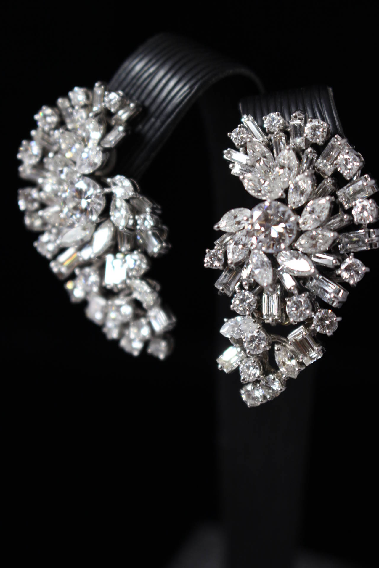 Square Pear and Round Diamonds Gold Platinum Cluster Earrings  In Excellent Condition In Los Angeles, CA