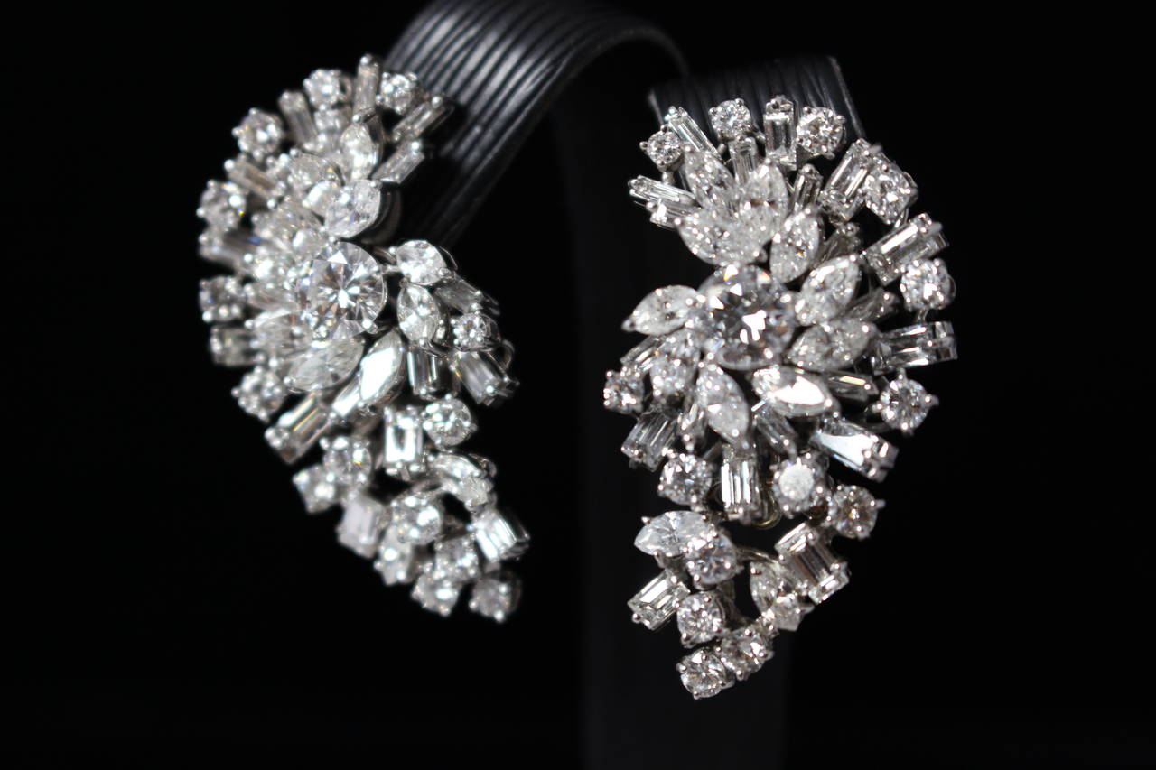 Women's Square Pear and Round Diamonds Gold Platinum Cluster Earrings 