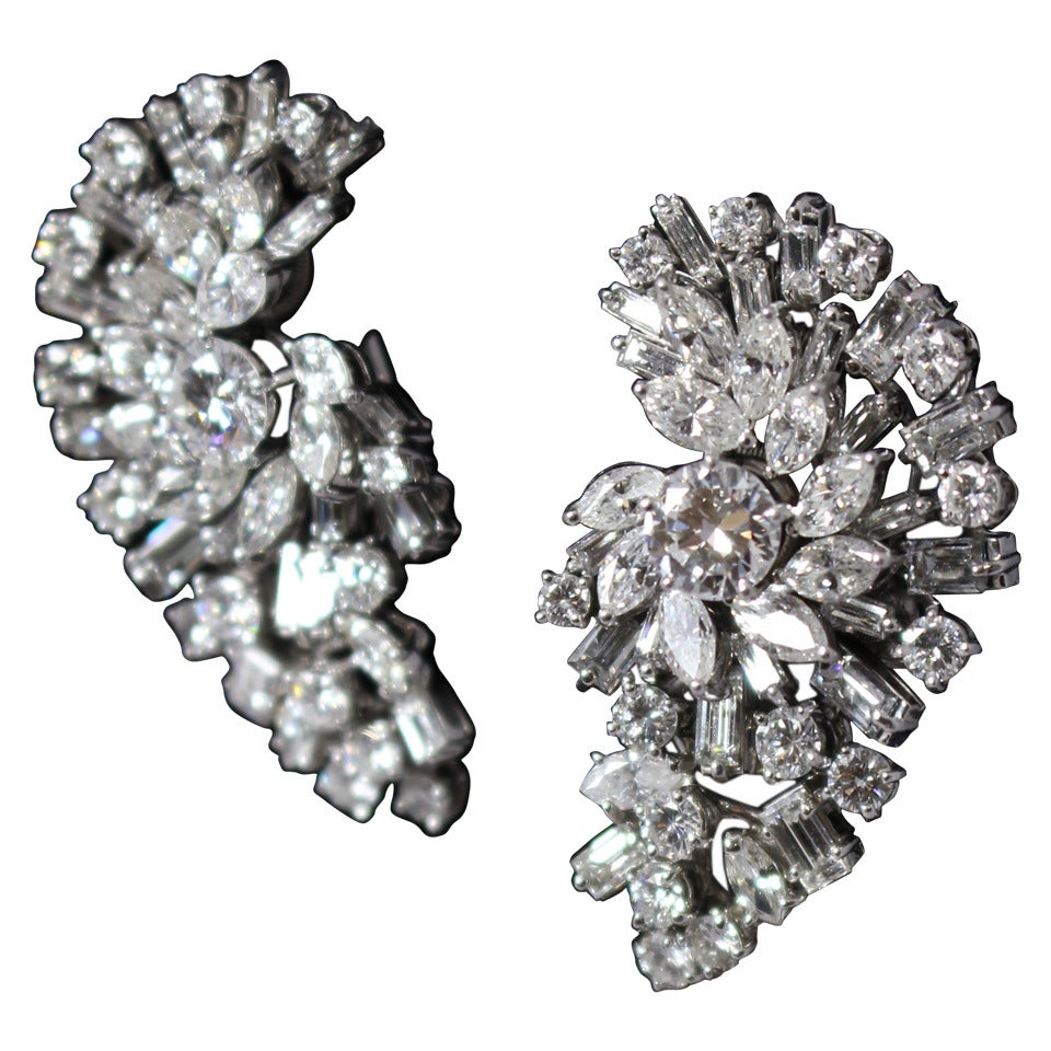 Square Pear and Round Diamonds Gold Platinum Cluster Earrings 