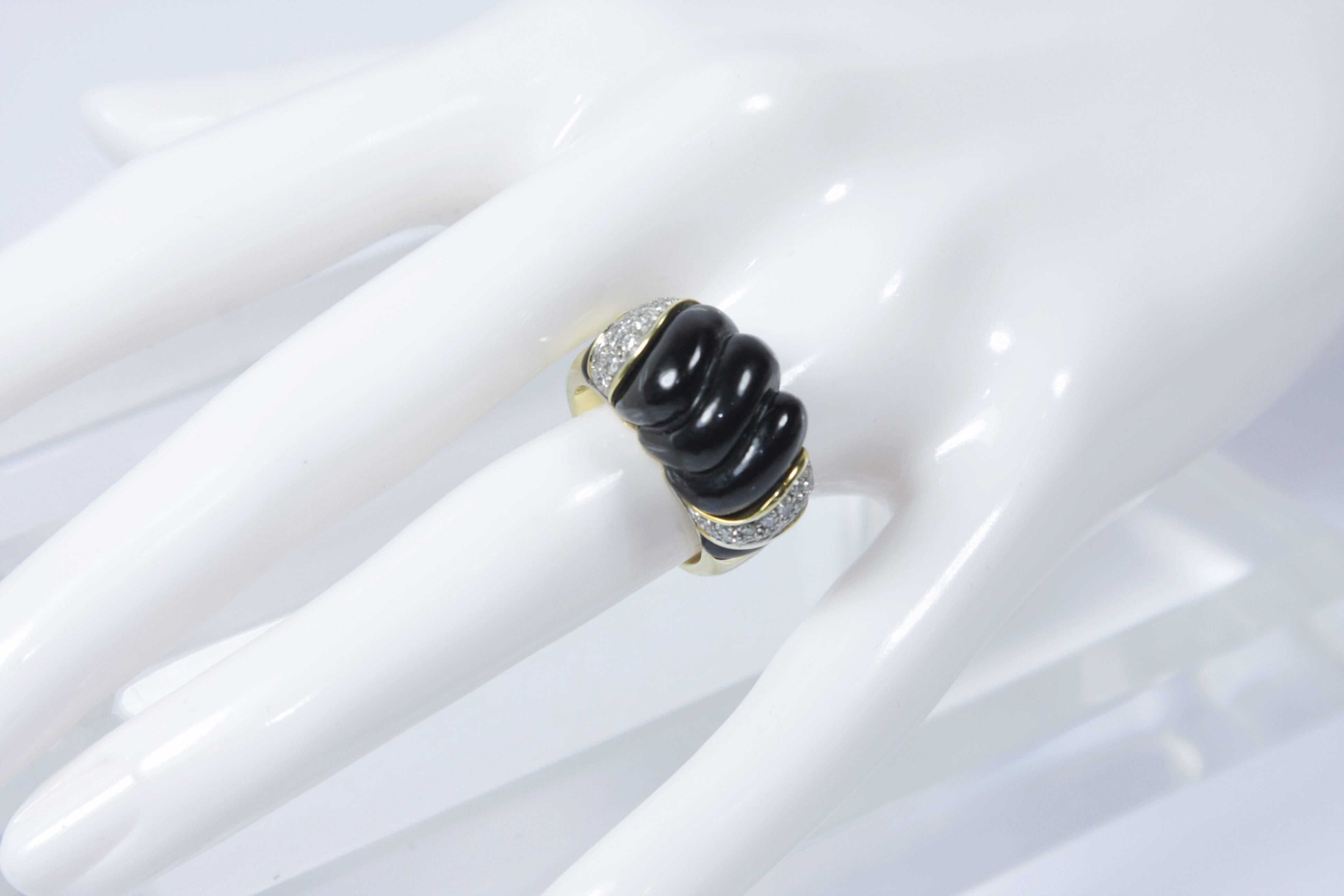 Women's  14 K Yellow Gold Ring with Onyx and Diamonds For Sale