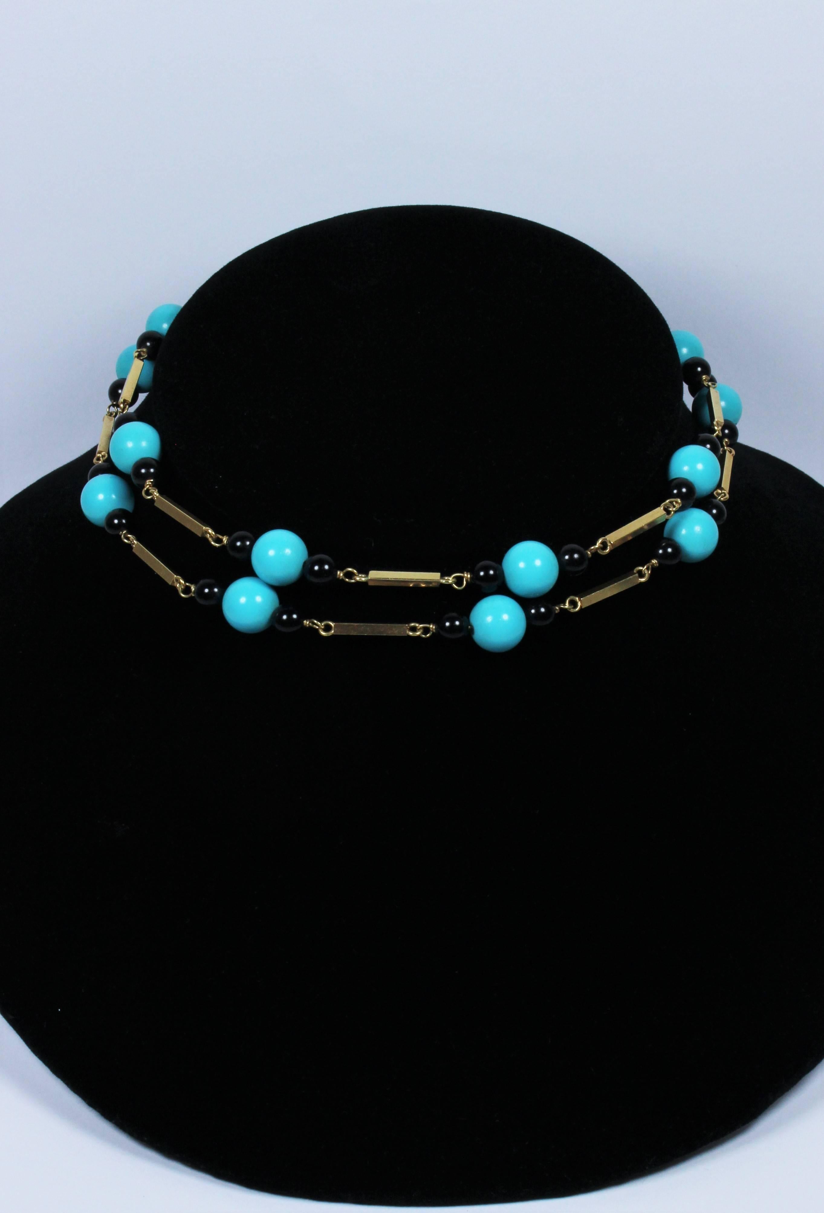 Onyx & Turquoise Bead 14 KT Yellow Gold Necklace or Double Strand Choker In Excellent Condition In Los Angeles, CA