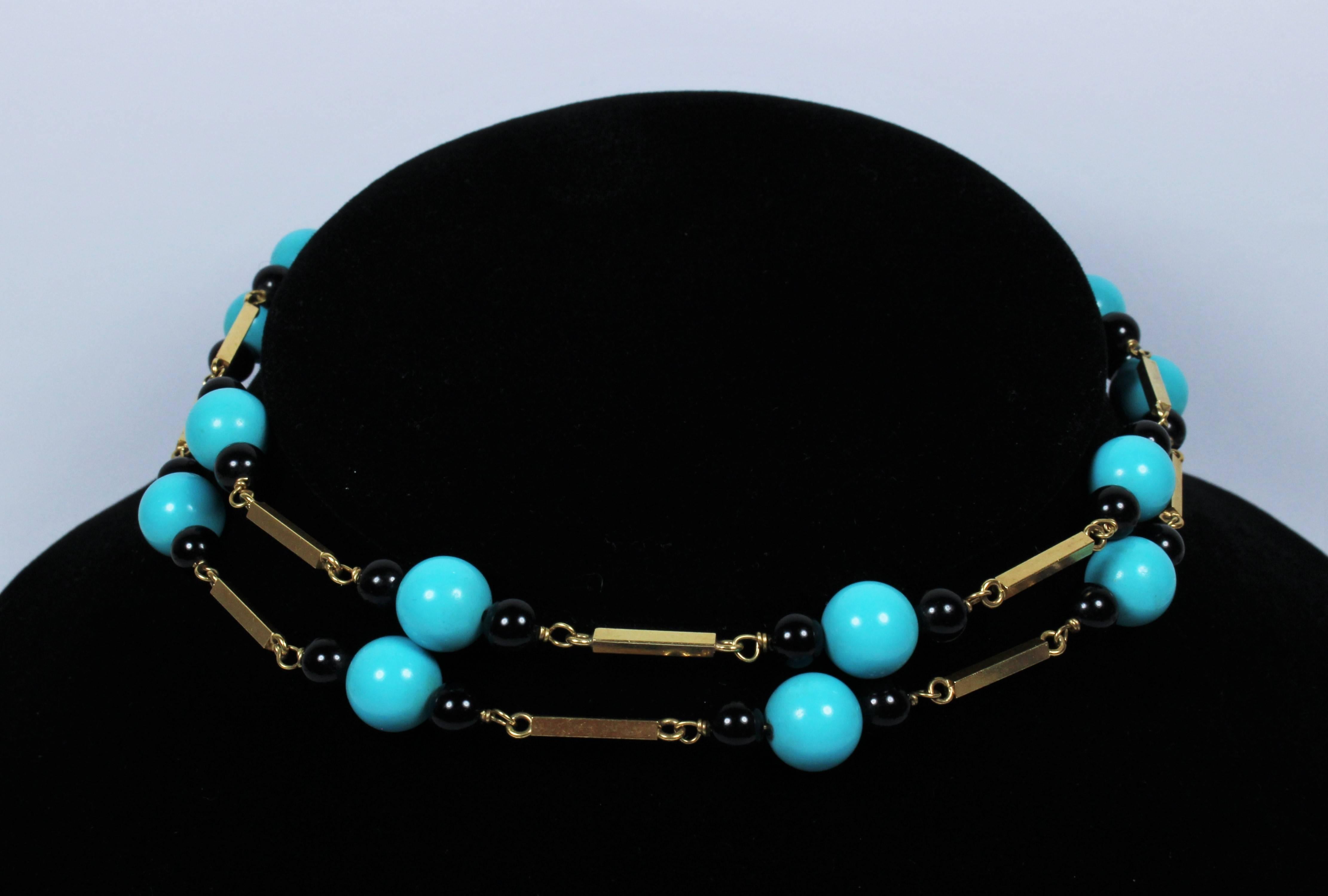 Women's Onyx & Turquoise Bead 14 KT Yellow Gold Necklace or Double Strand Choker