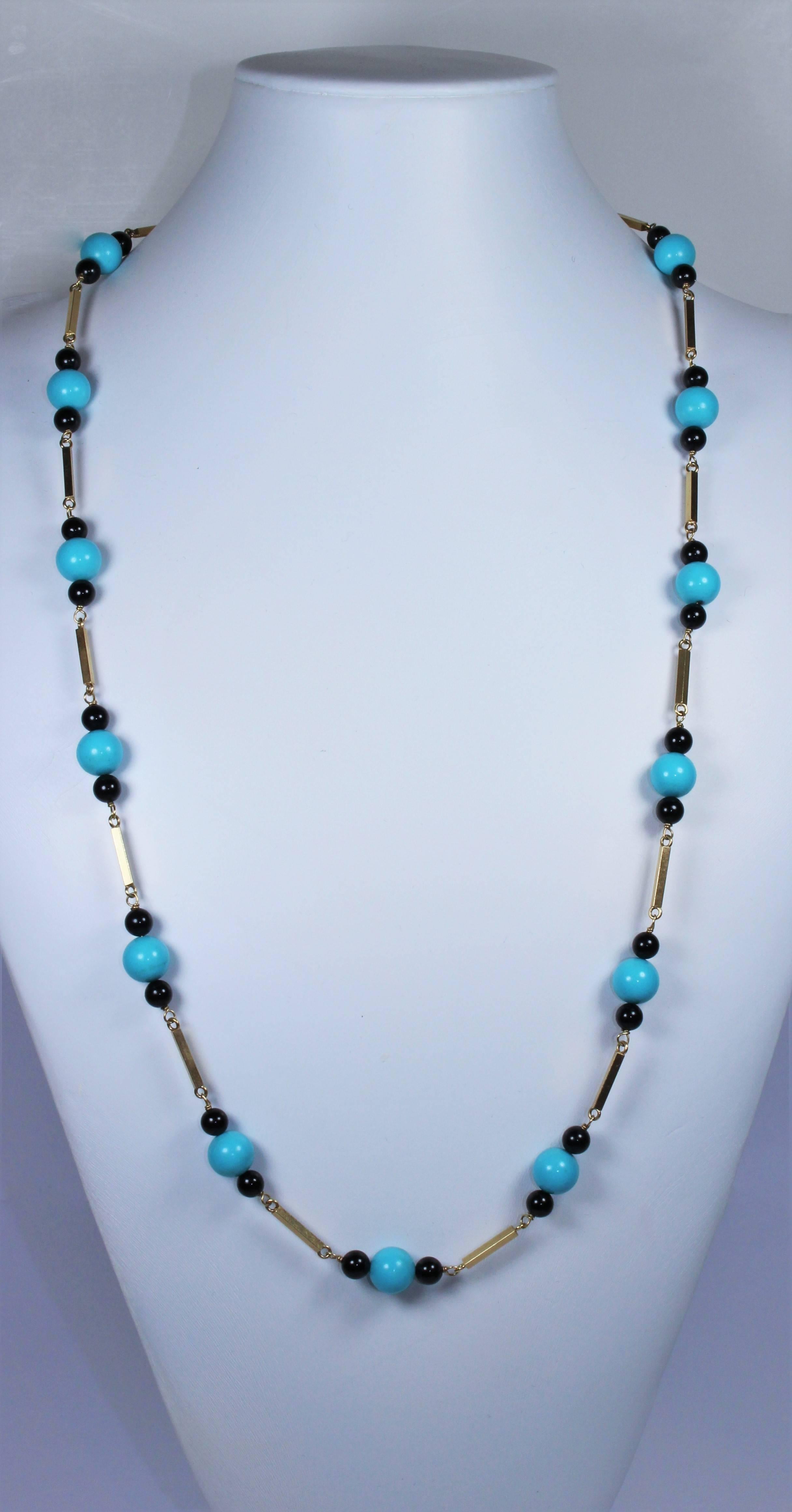 Onyx & Turquoise Bead 14 KT Yellow Gold Necklace or Double Strand Choker 1
