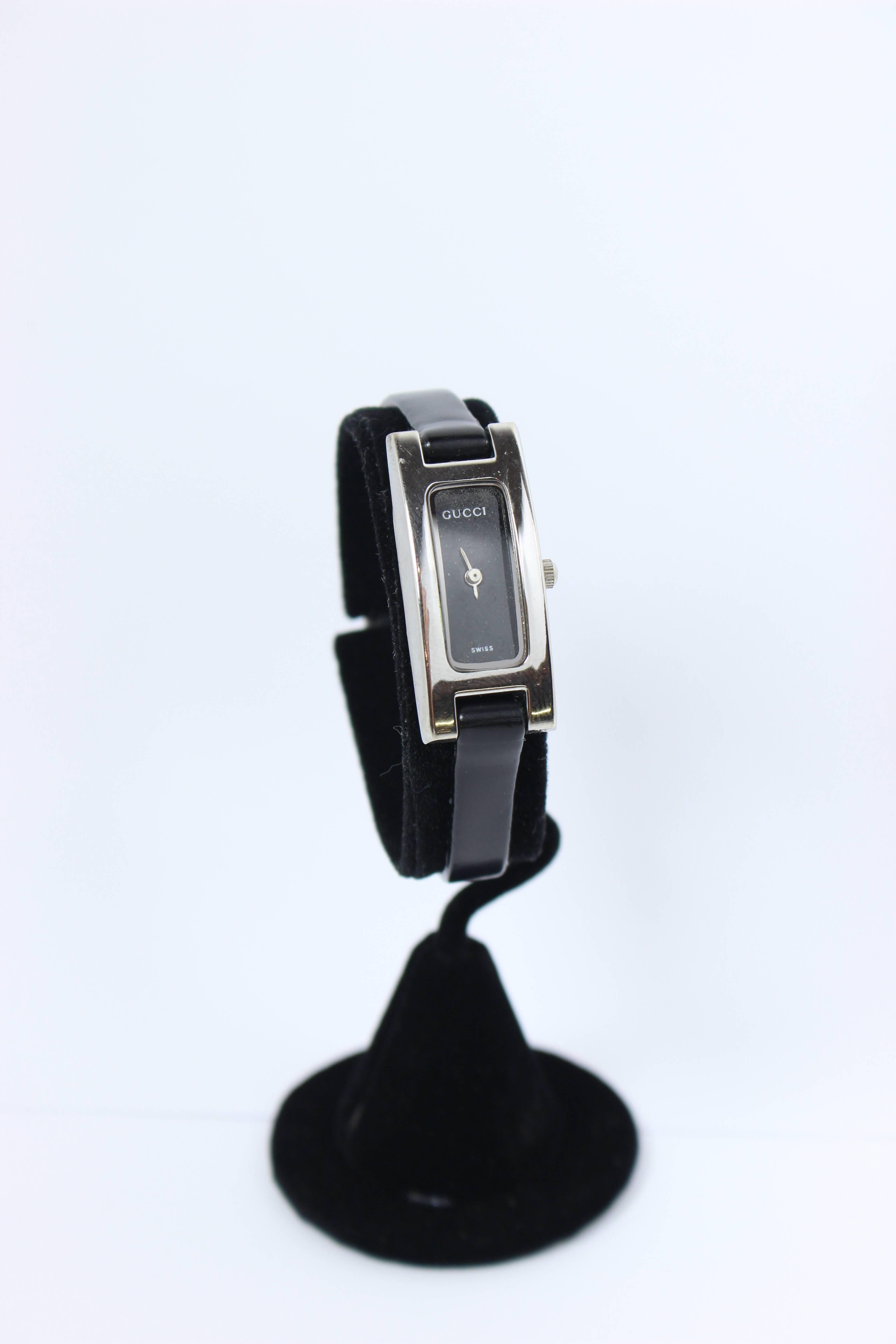 GUCCI Swiss Metal and Black Leather Strap Watch 1