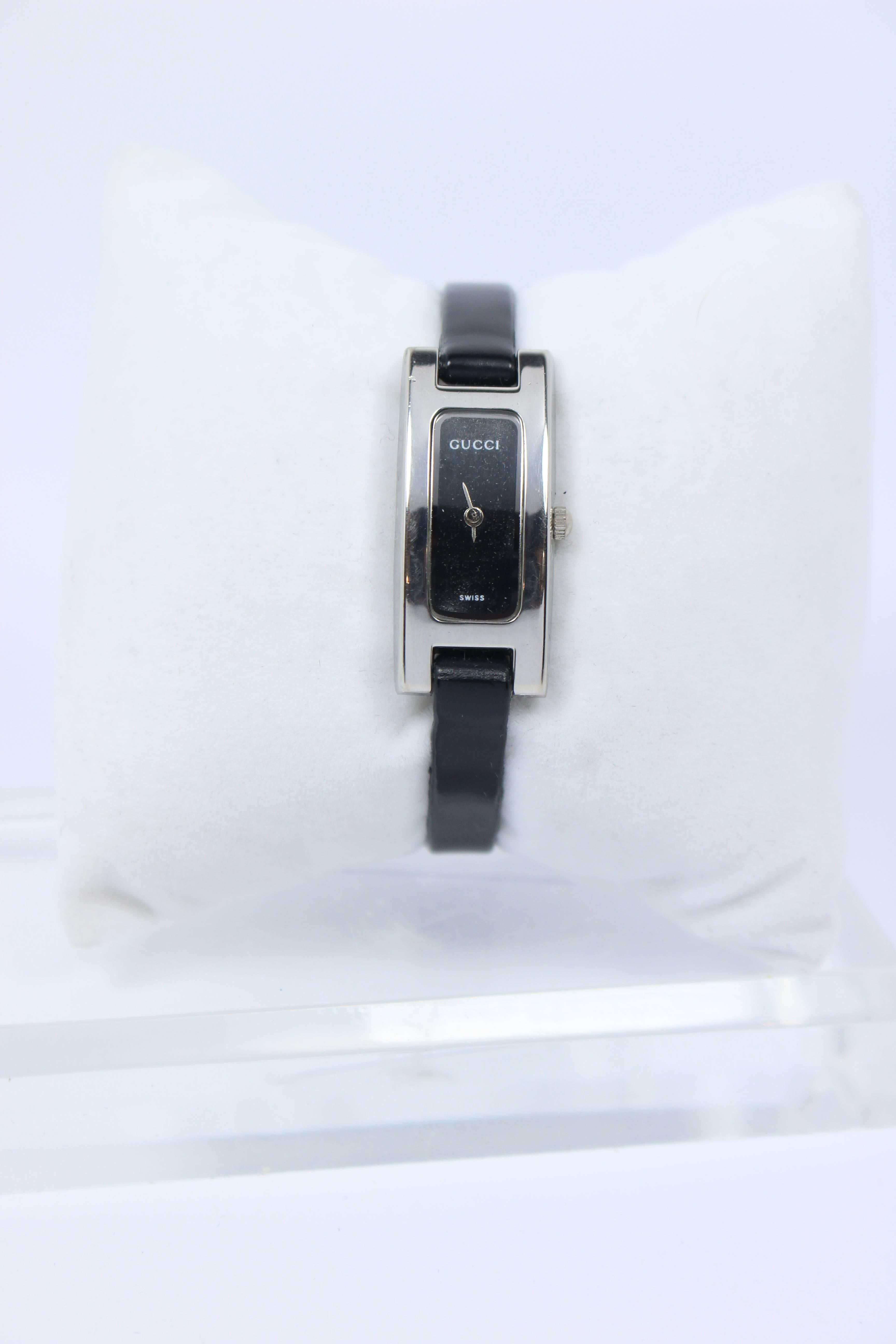 Women's GUCCI Swiss Metal and Black Leather Strap Watch