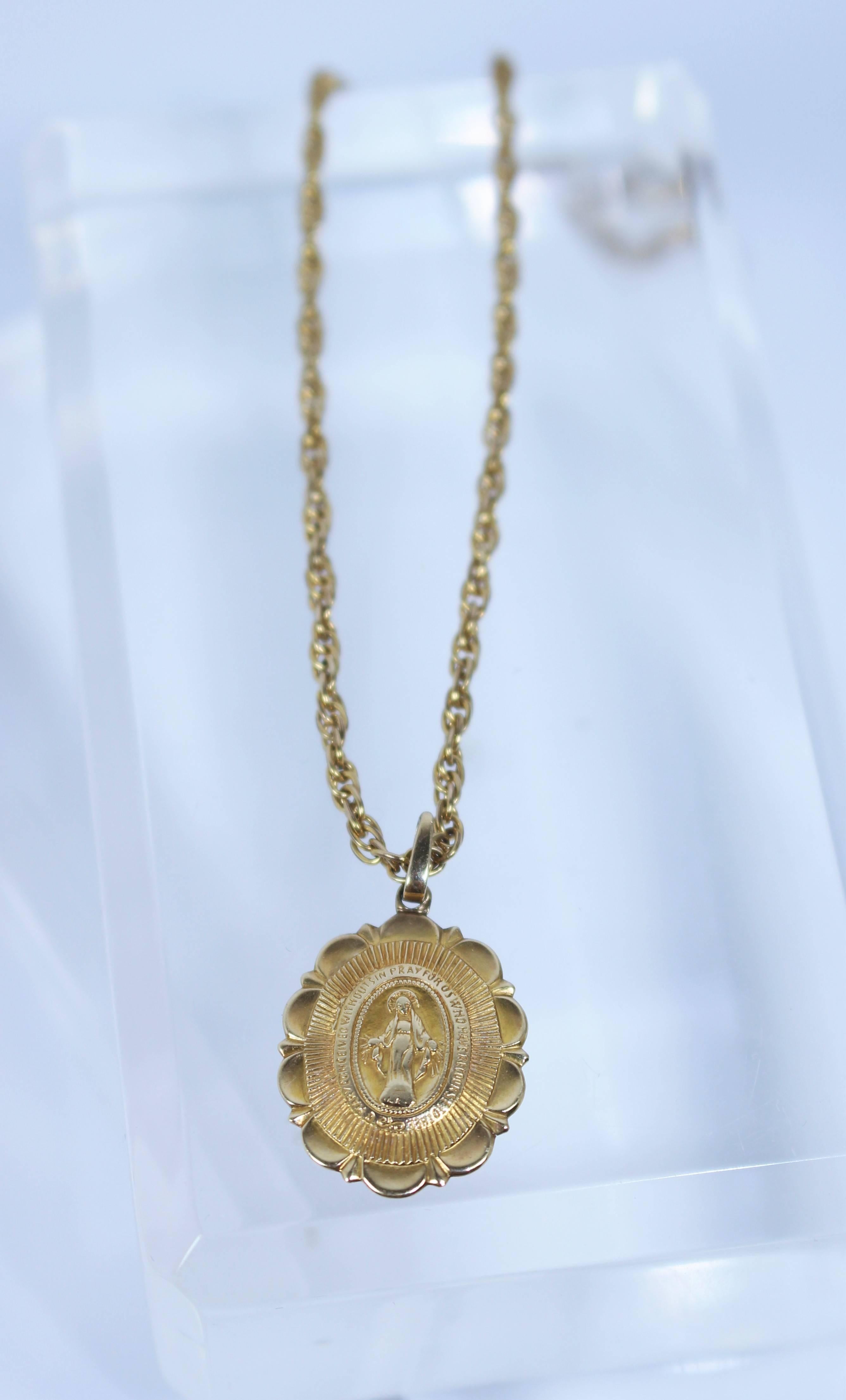 Gold Filled Virgin Mary Pendant and Necklace  In Excellent Condition In Los Angeles, CA