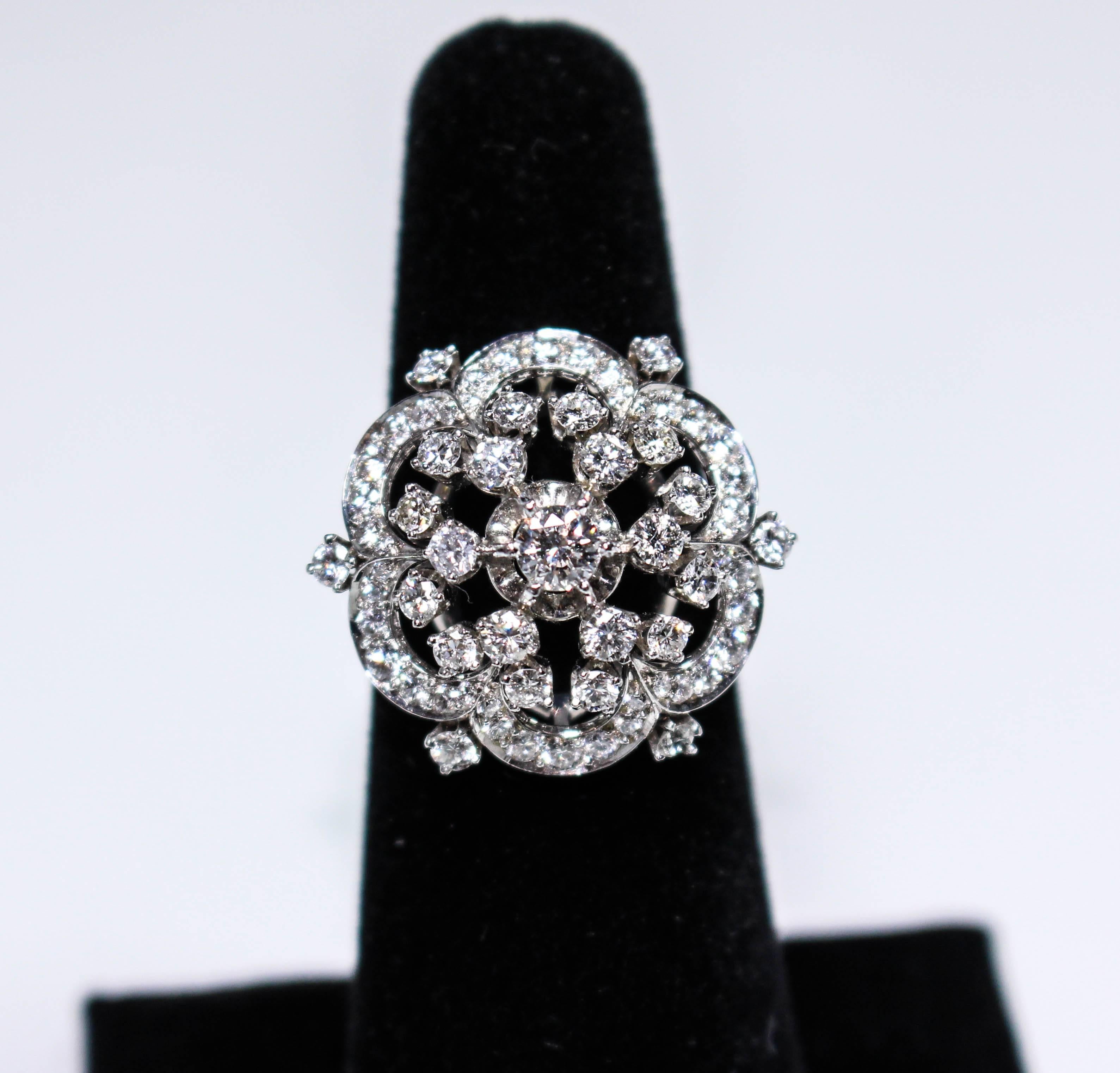 Round Cut Stunning Brooch Style Diamond Platinum Ring For Sale