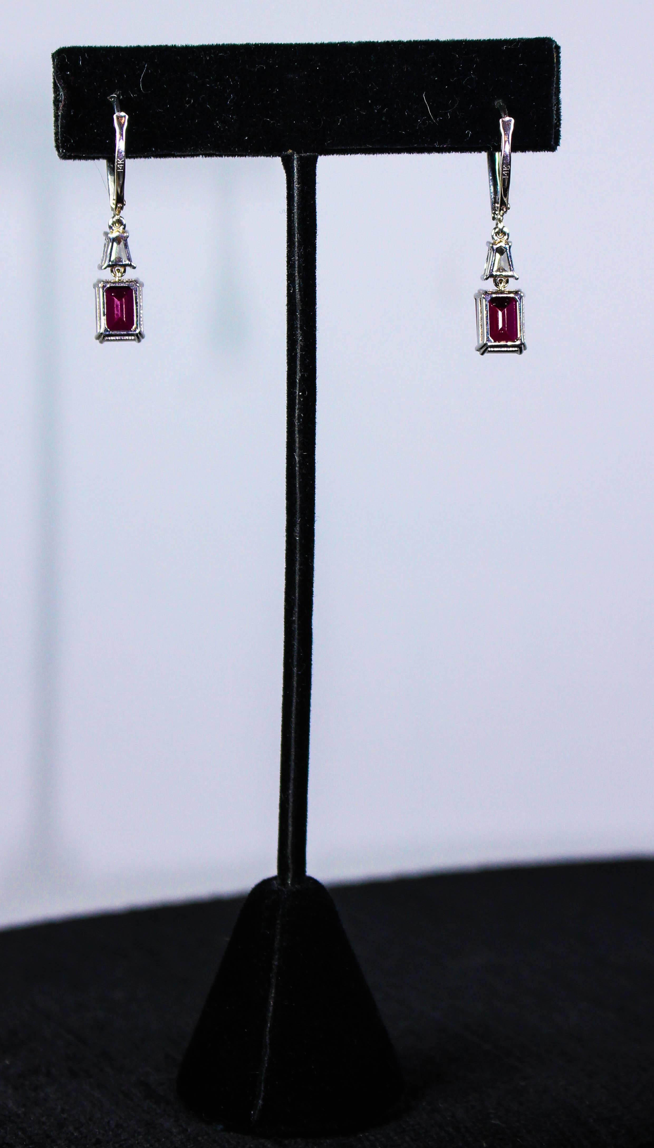 Women's Stunning Ruby Trillion Diamond Pave Drop Gold Earrings For Sale