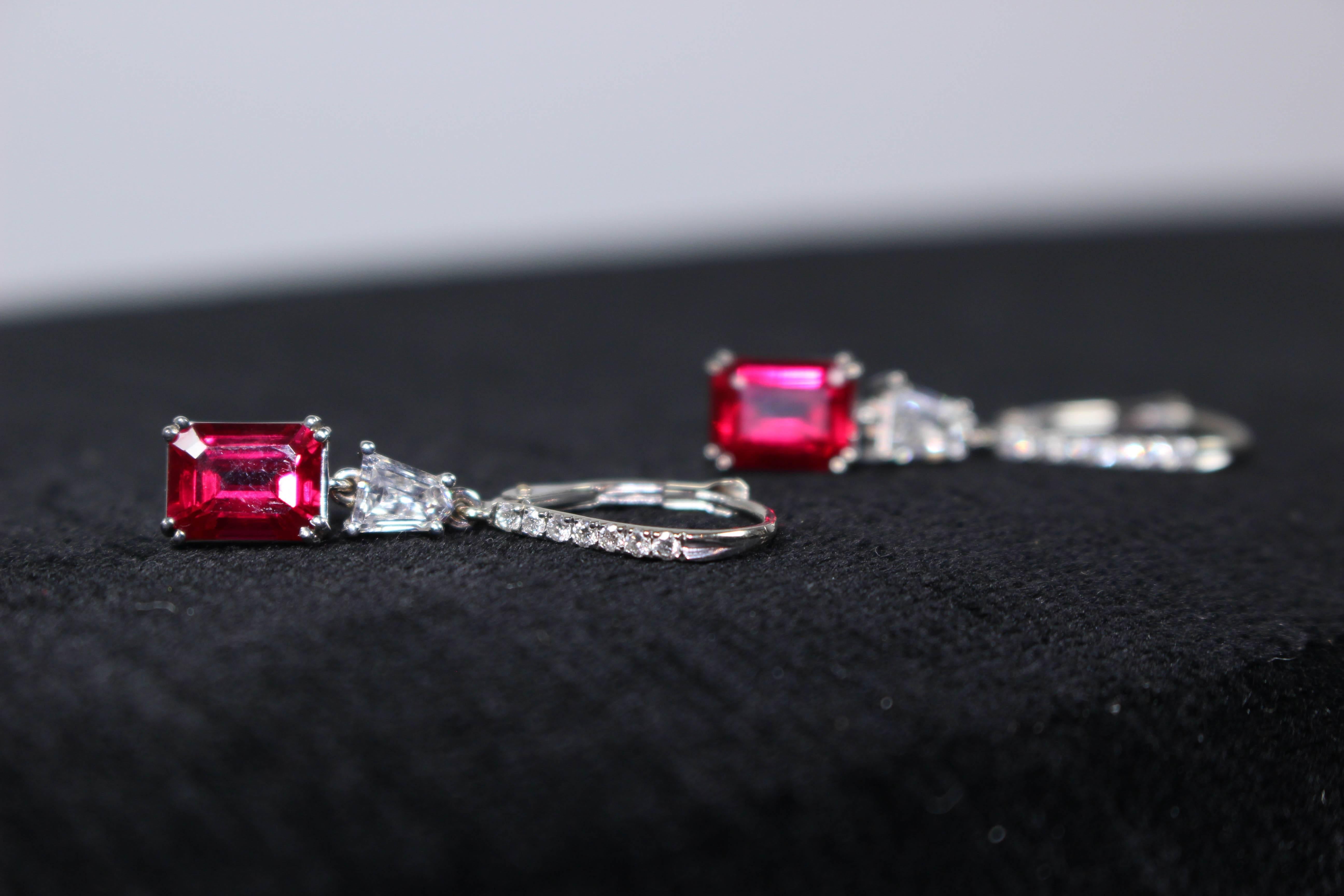 Stunning Ruby Trillion Diamond Pave Drop Gold Earrings For Sale 2