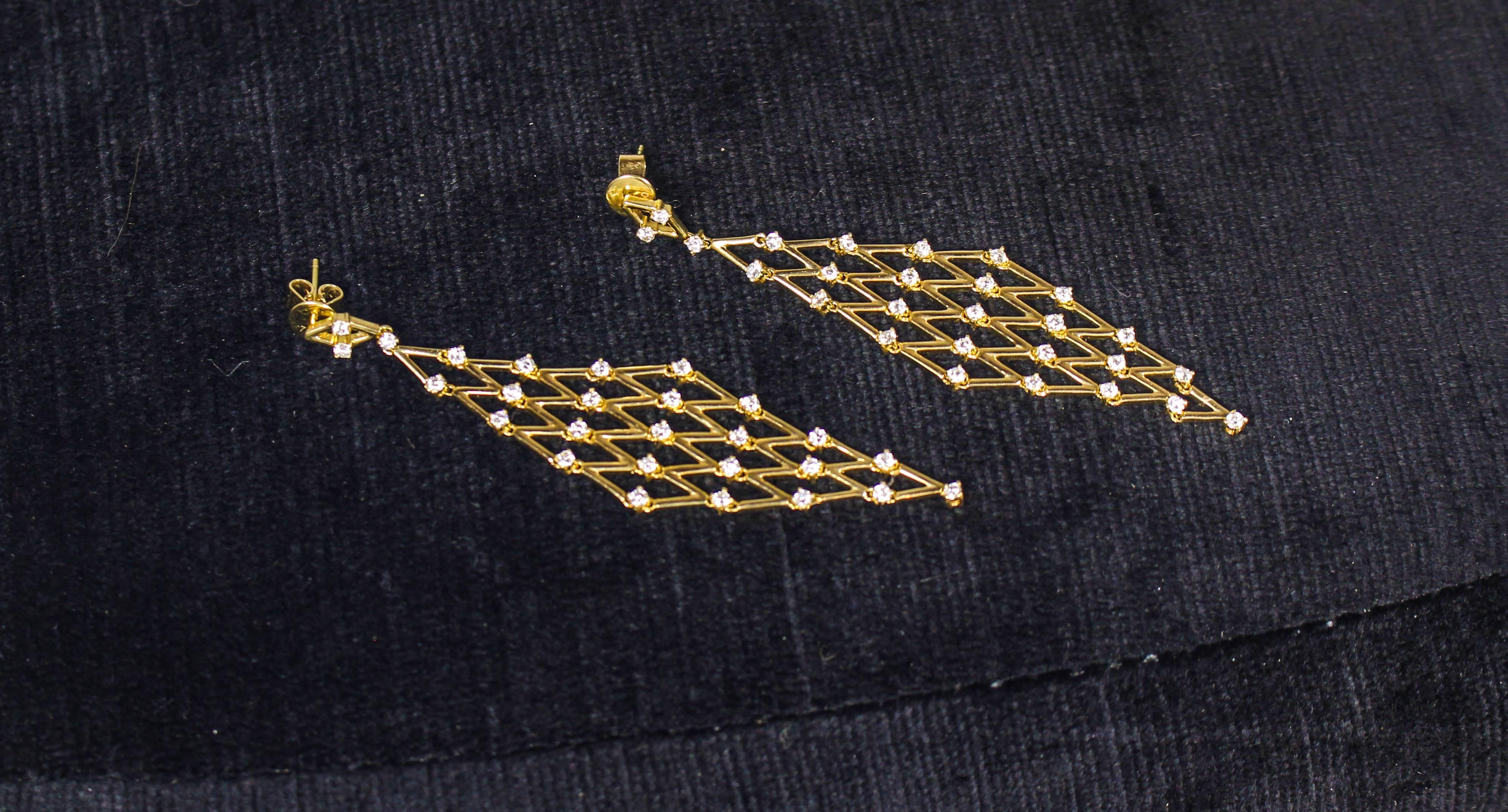 Yellow Gold and Diamond Mesh Dangle Earrings For Sale 2