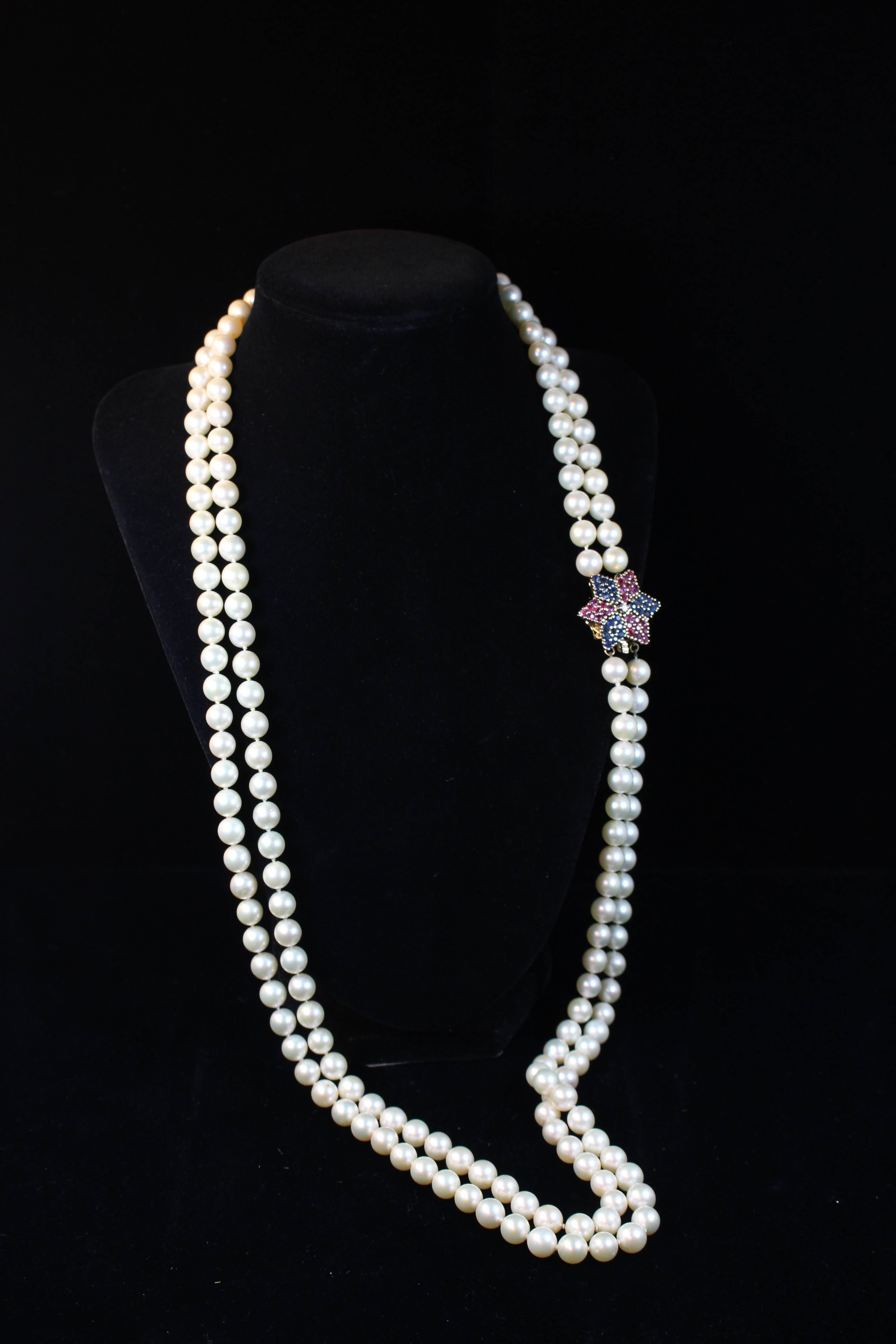 Women's Pearl Gold Multi Strand Necklace with Ruby Diamond and Sapphire Clasp