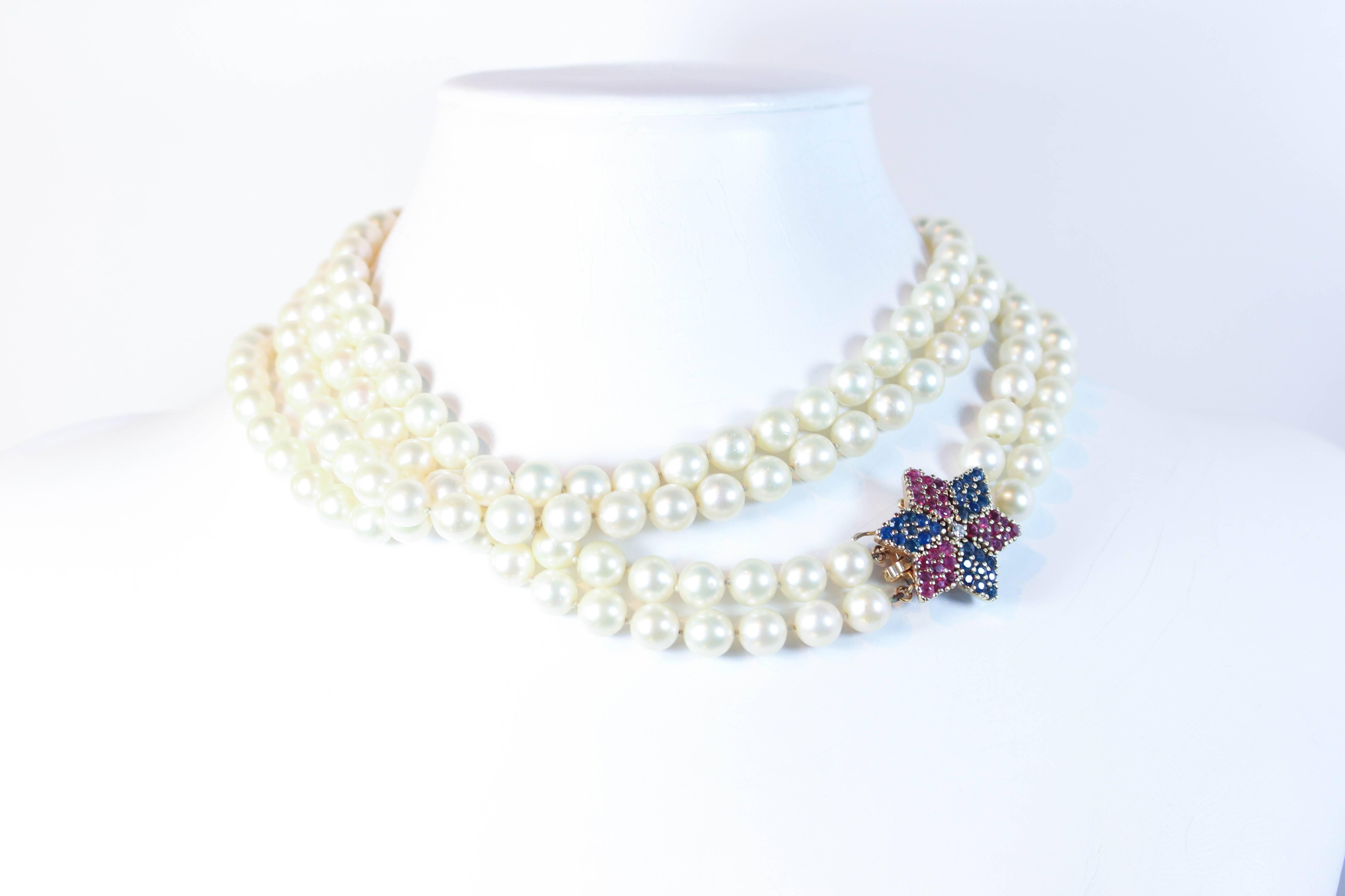 Pearl Gold Multi Strand Necklace with Ruby Diamond and Sapphire Clasp 2