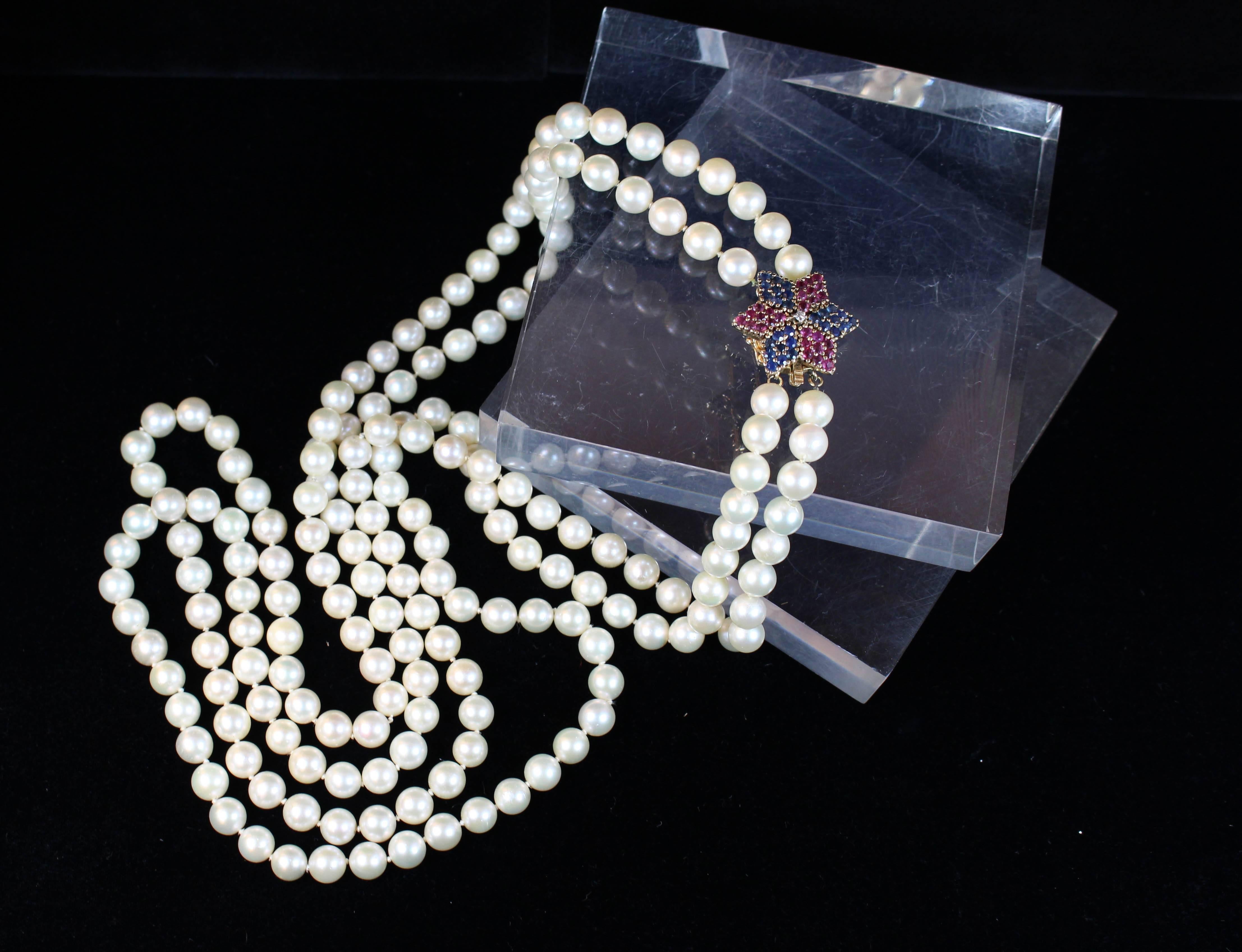 Pearl Gold Multi Strand Necklace with Ruby Diamond and Sapphire Clasp 4